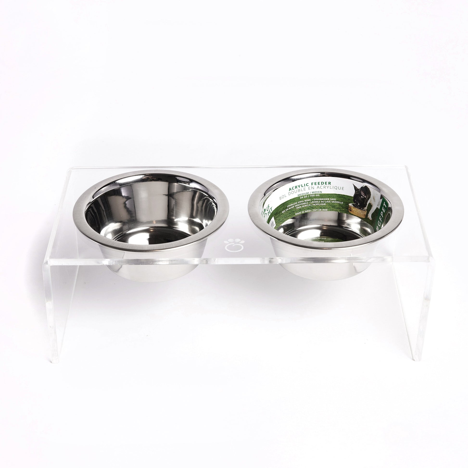 Clear acrylic elevated double pet feeder with two stainless steel bowls, GF Pet