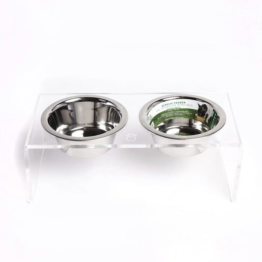 Clear acrylic elevated double pet feeder with two stainless steel bowls, GF Pet