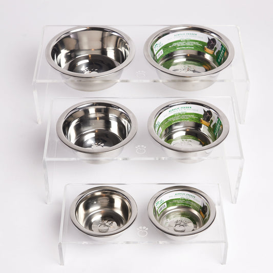 GF Pet clear acrylic elevated feeder in three sizes S, M and L with stainless steel bowls