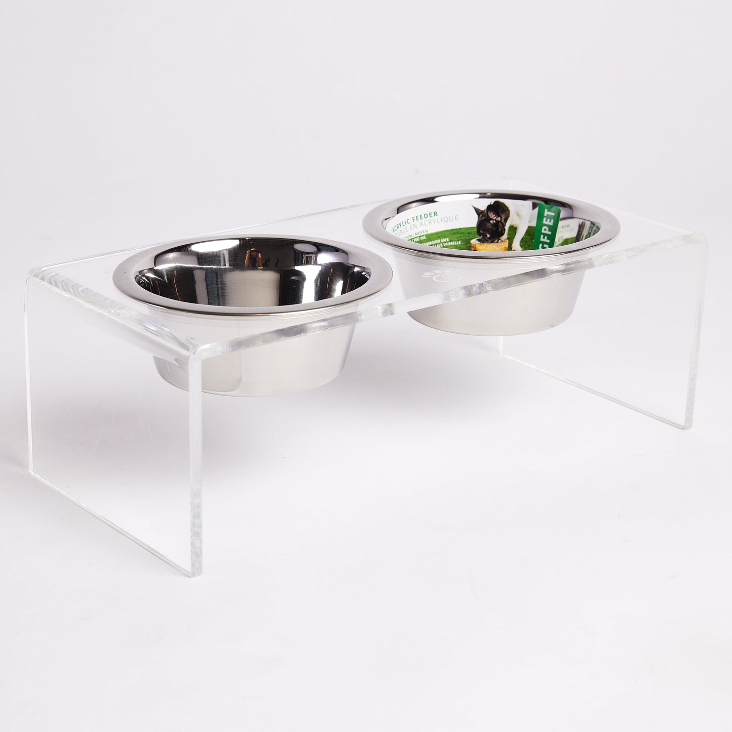 Clear acrylic elevated dog and cat feeder side view showing height and transparent legs