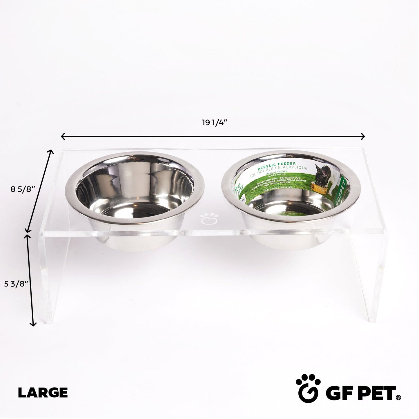 Large size clear acrylic elevated pet feeder dimensions by GF Pet, front view