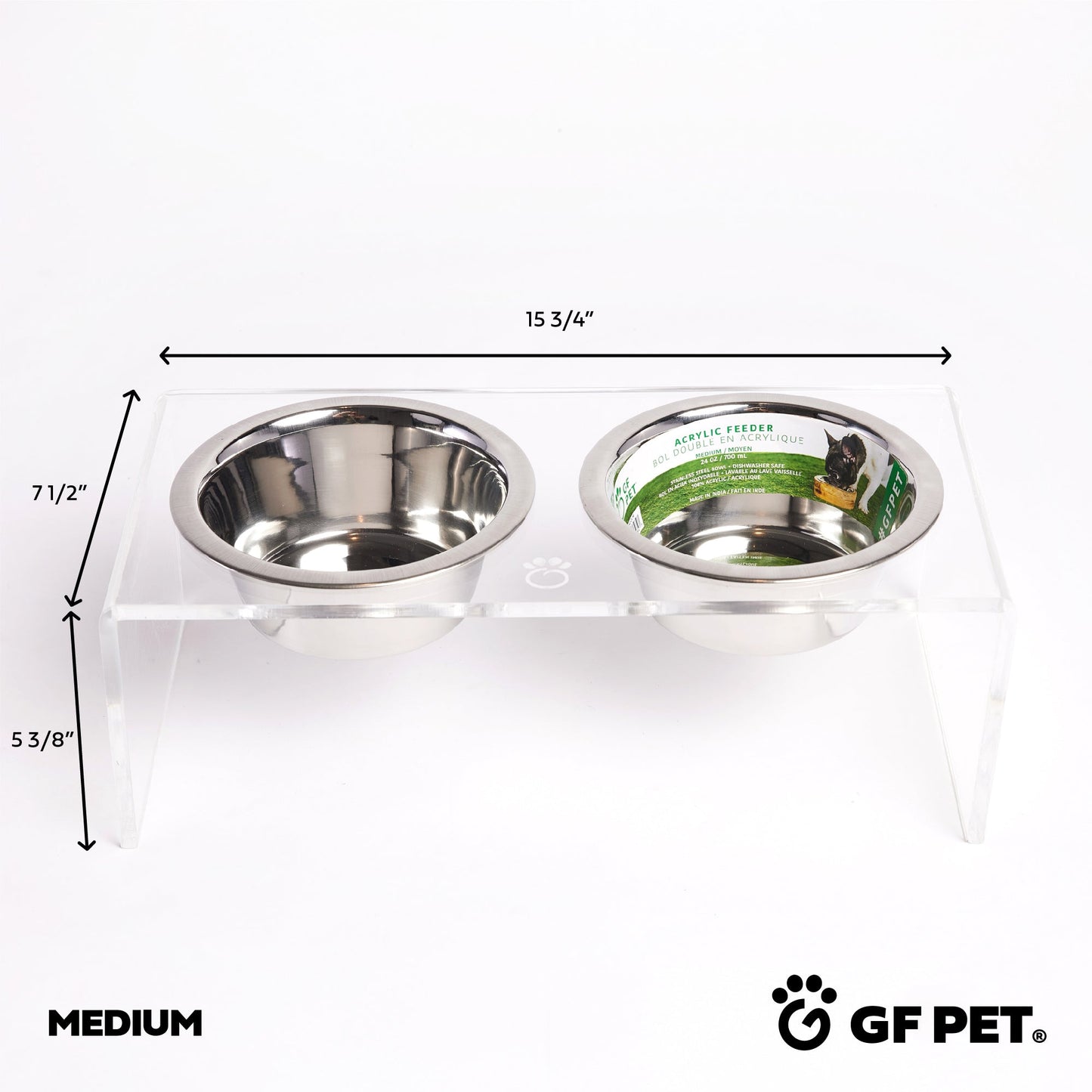 Dimensions diagram of Medium size clear acrylic elevated pet feeder by GF Pet