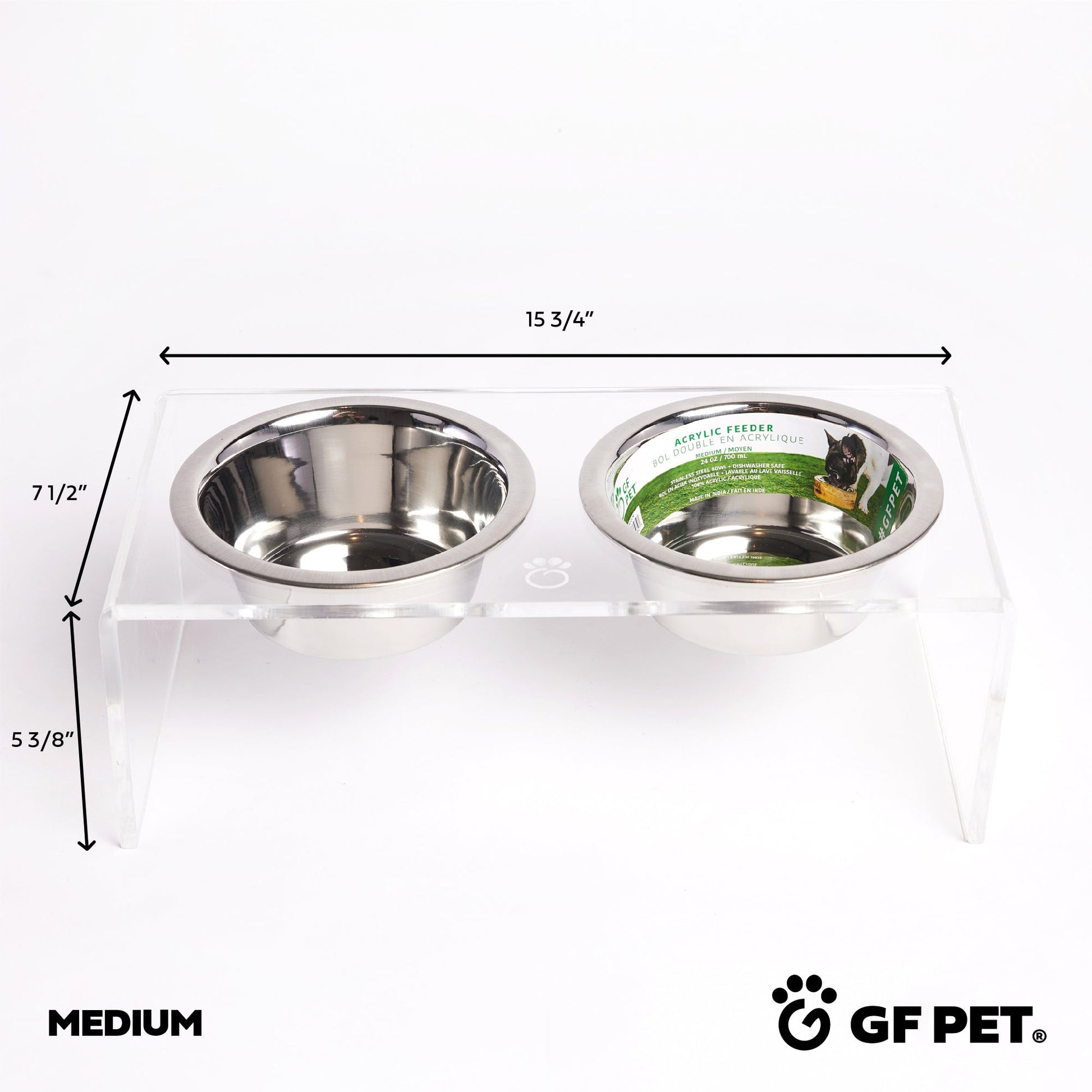 Dimensions diagram of Medium size clear acrylic elevated pet feeder by GF Pet