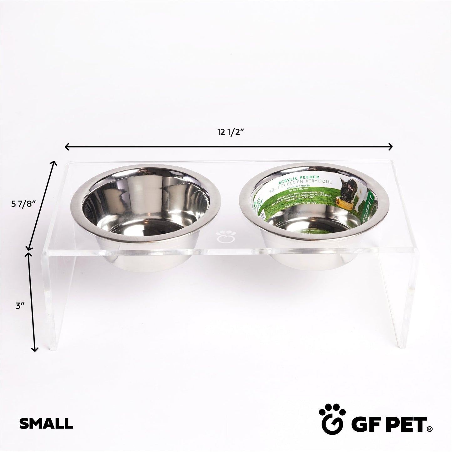 Small size clear acrylic elevated pet feeder front view with dimensions by GF Pet