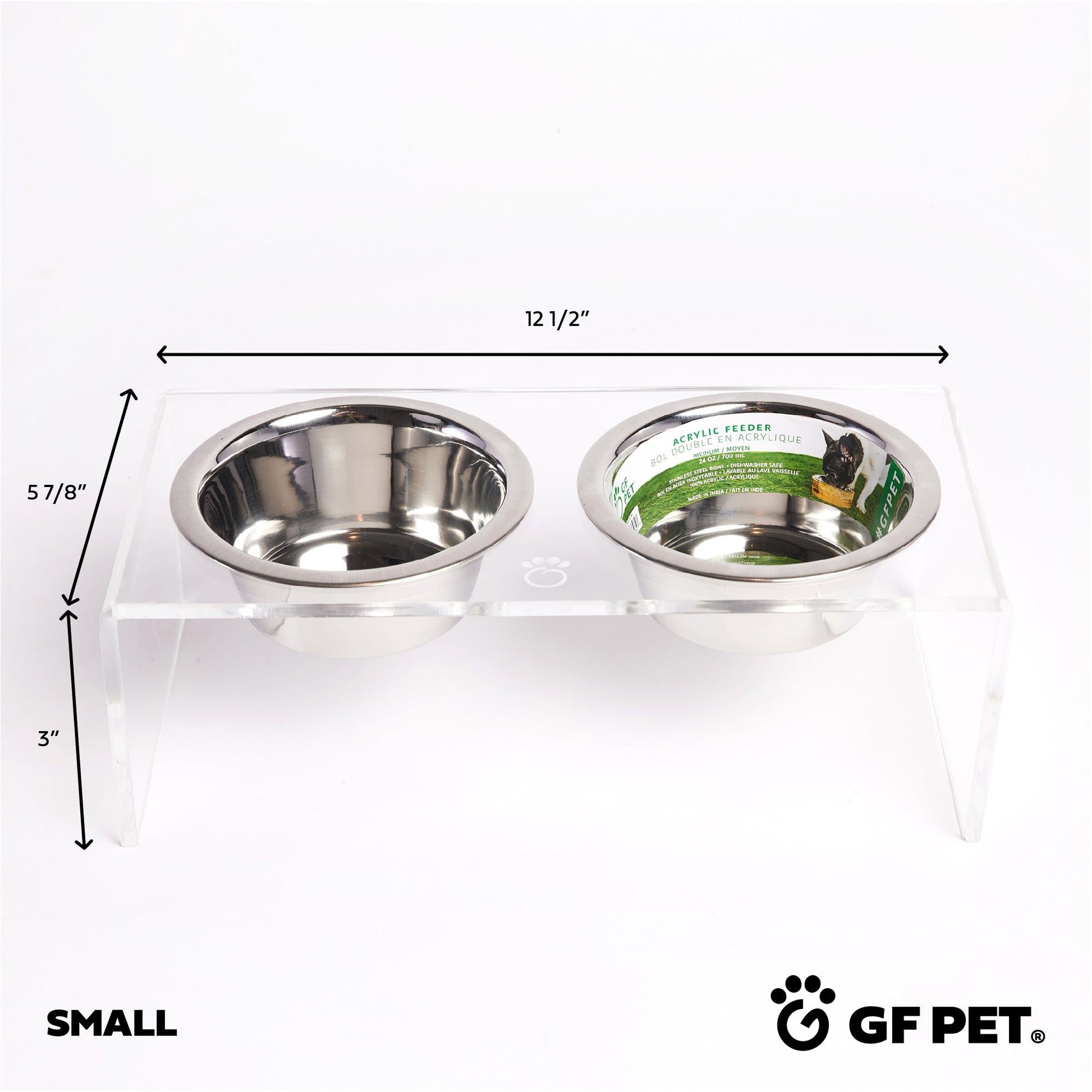 Small size clear acrylic elevated pet feeder front view with dimensions by GF Pet
