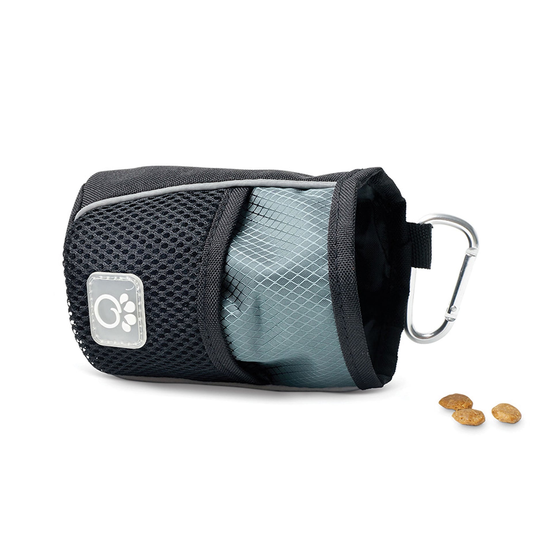 GF PET treat bag in gray and black with carabiner clasp and GF PET logo on white background showing front view