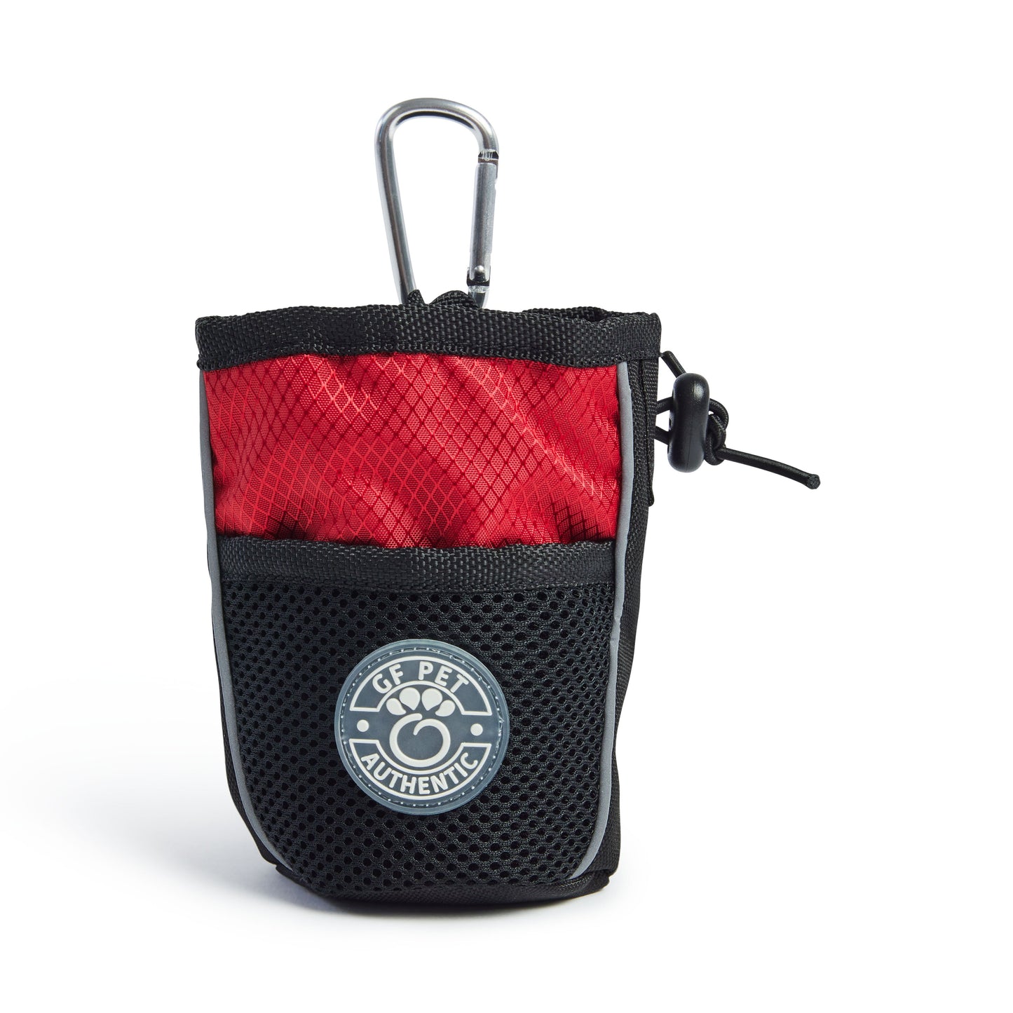 GF PET treat bag in red and black with carabiner clasp and bungee cord closure on white background