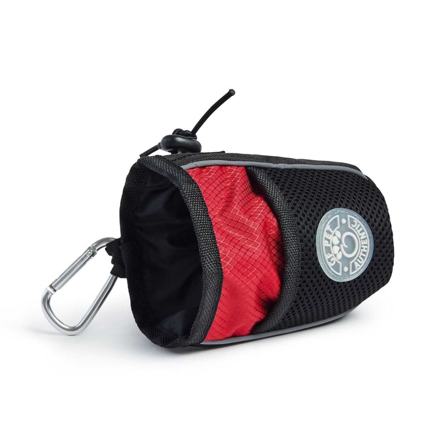 GF PET treat bag in red and black closed side view showing bungee cord closure and carabiner clip attachment