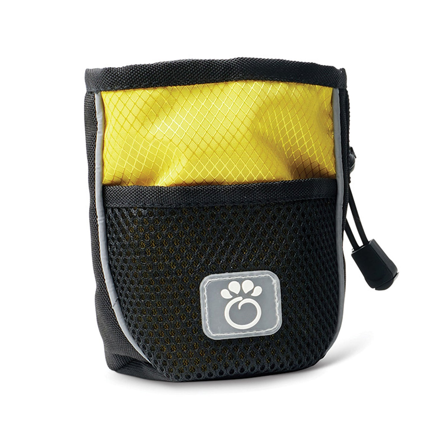 GF PET treat bag in yellow and black with reflective strip and GF PET logo badge on white background front view