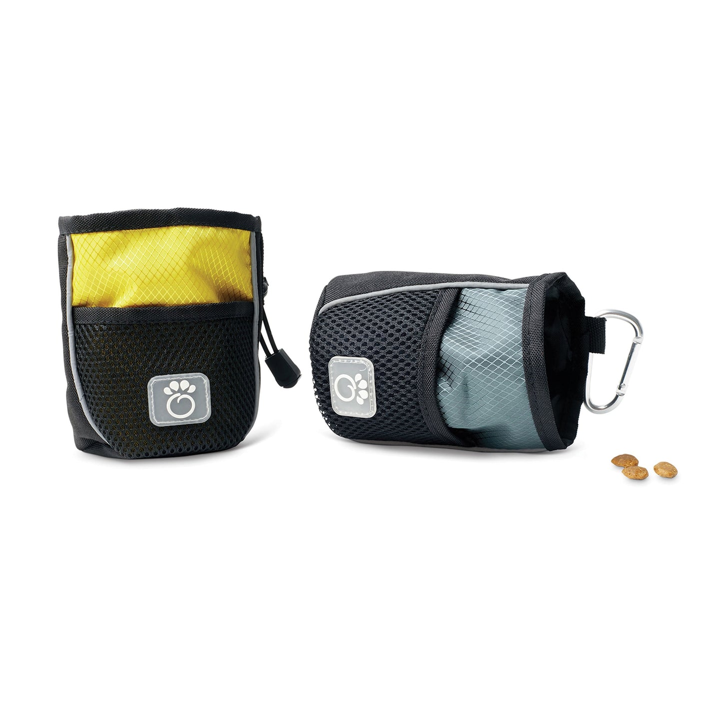 GF PET treat bag in yellow and gray colorways with carabiner clasp and bungee cord closure on white background
