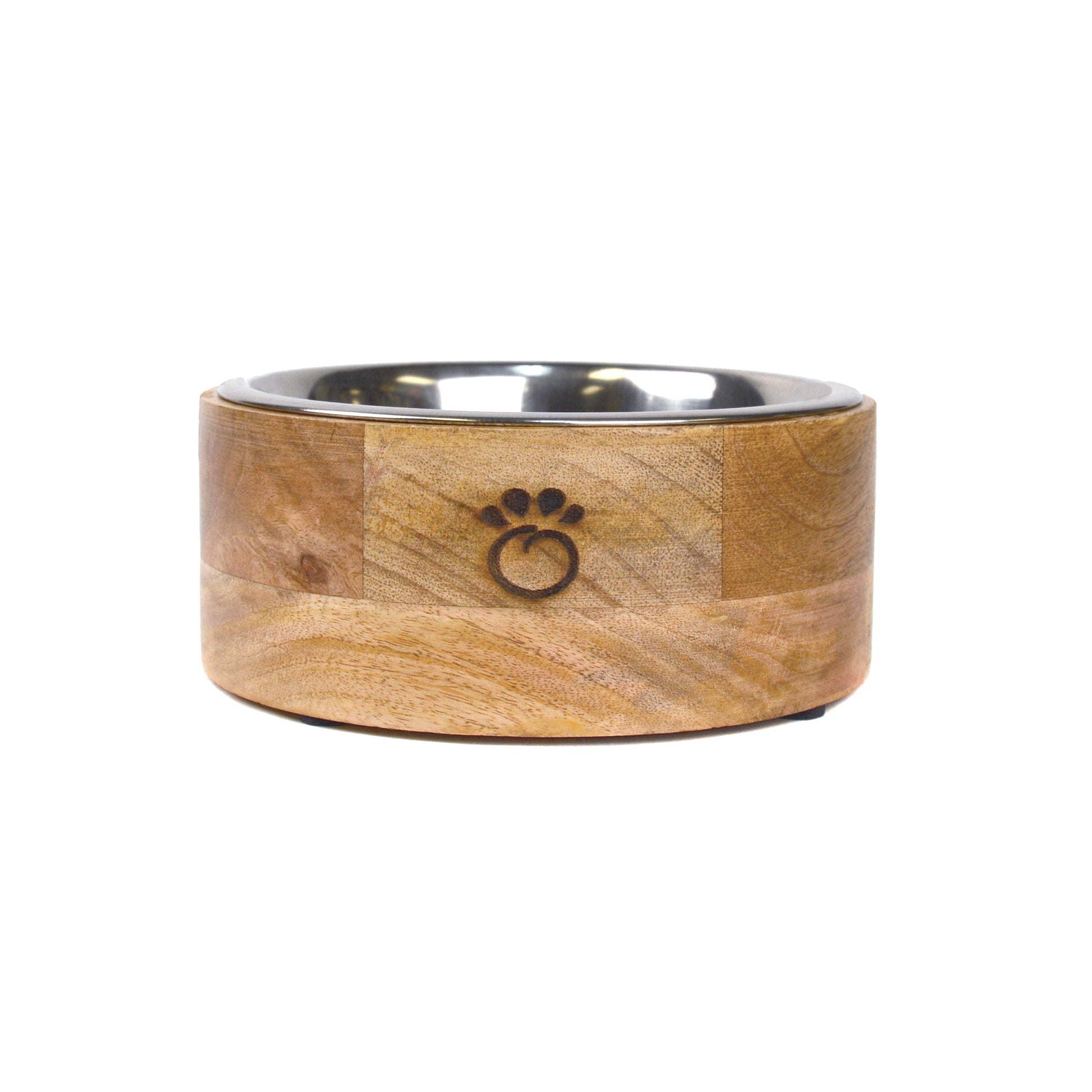 GF Pet mango wood single pet bowl with stainless steel insert and burned paw logo on white background