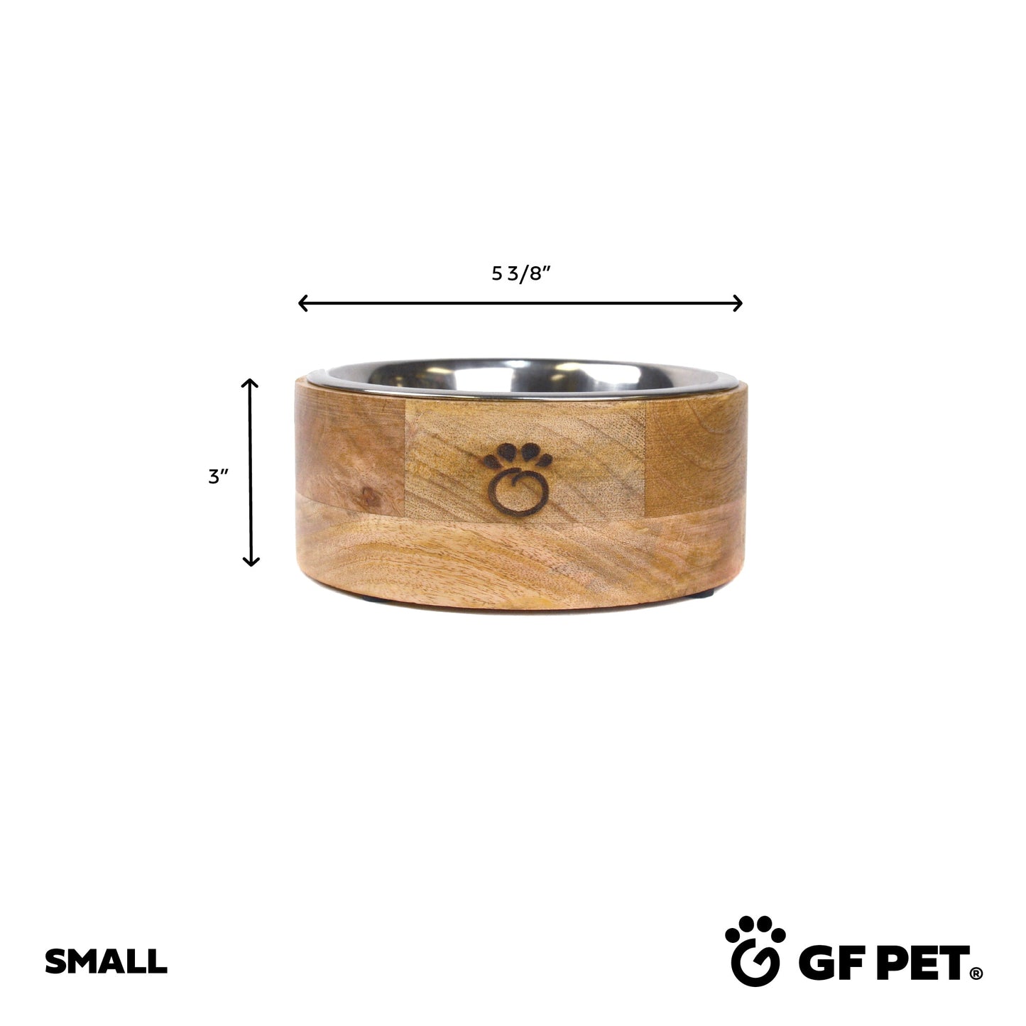 GF Pet mango wood single pet bowl Small size dimensions diagram showing 5.375 inch width and 3 inch height