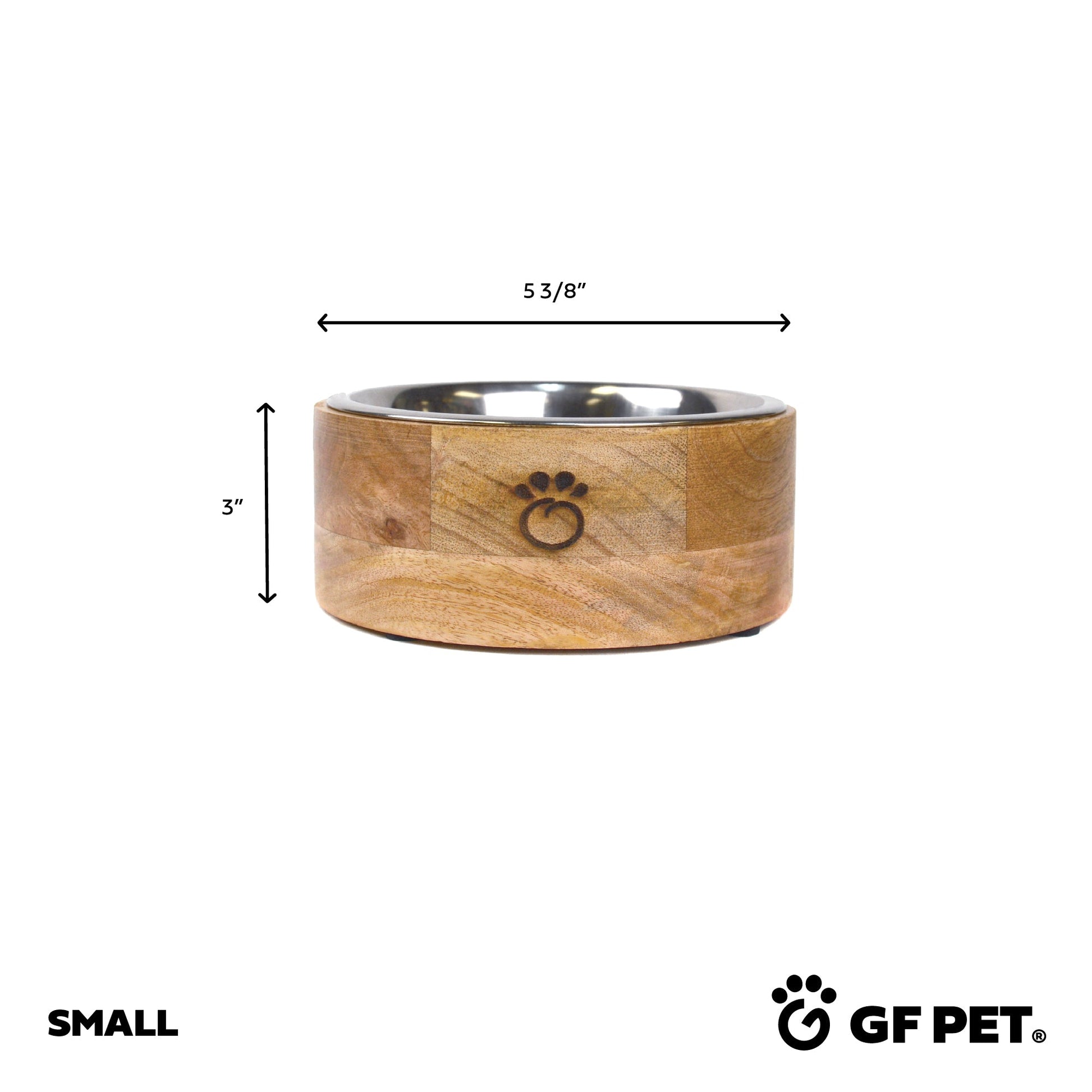 GF Pet mango wood single pet bowl Small size dimensions diagram showing 5.375 inch width and 3 inch height