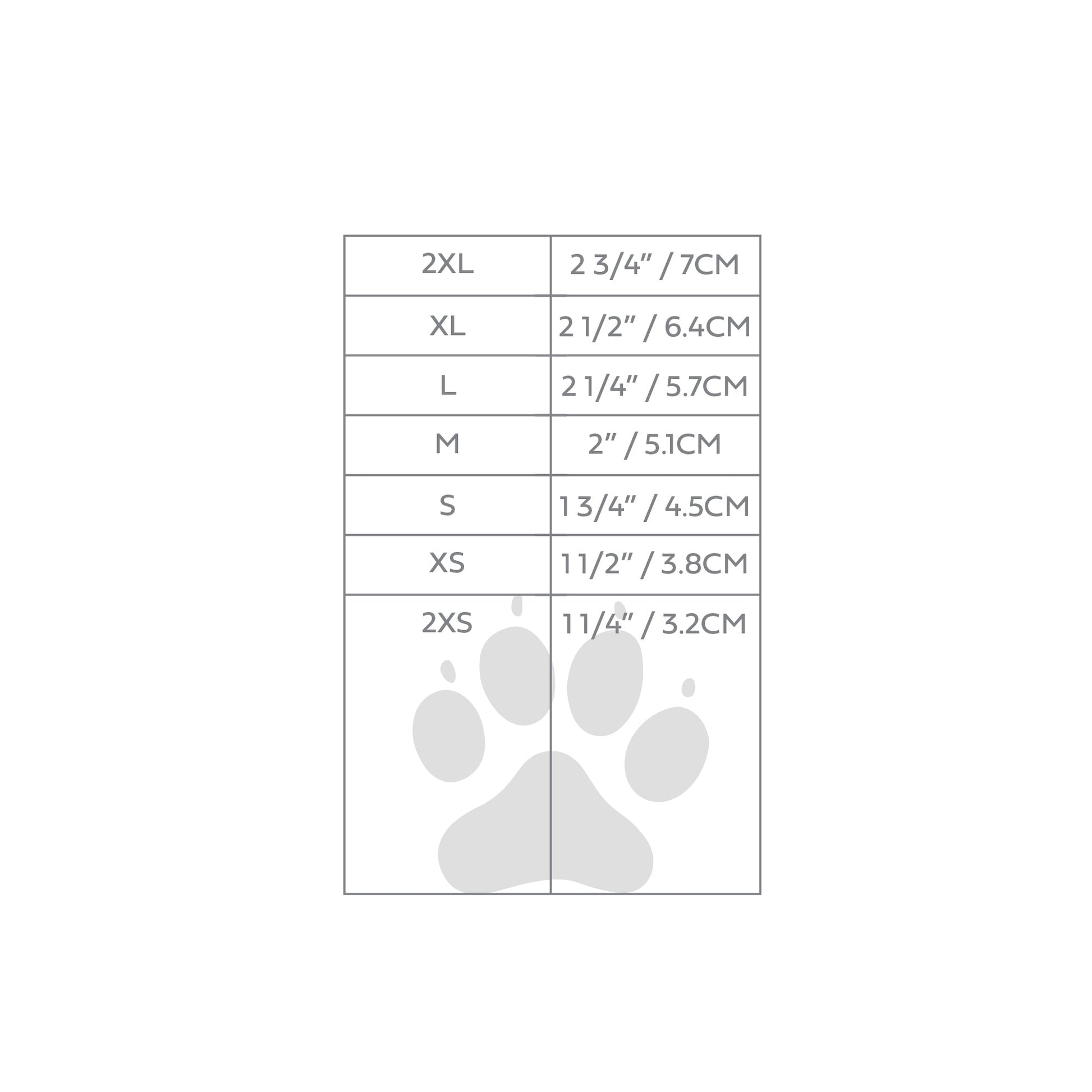 GF Pet all terrain dog boots size chart showing paw width measurements from 2XS to 2XL in inches and centimeters for perfect fit