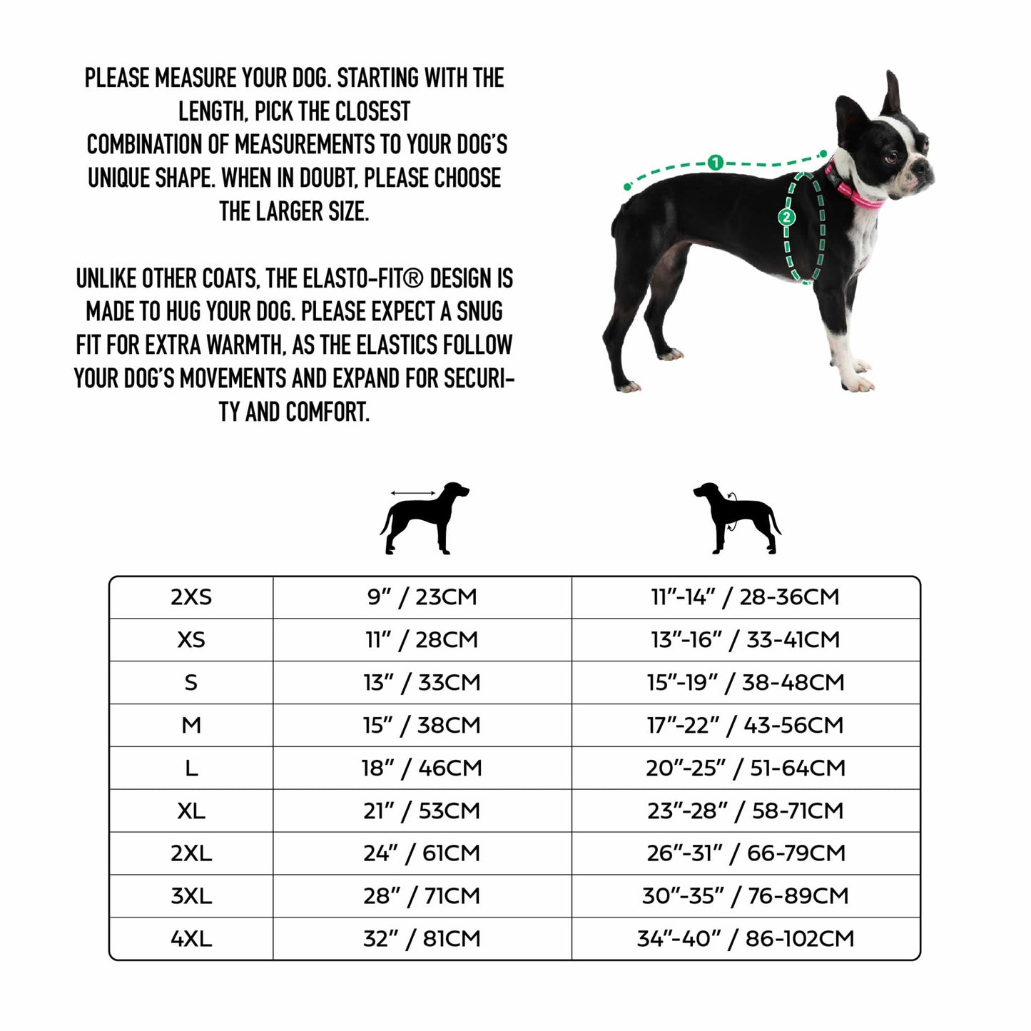 GF Pet apparel size chart with dog body measurements for 2XS to 4XL sizes and ELASTO-FIT fitting instructions