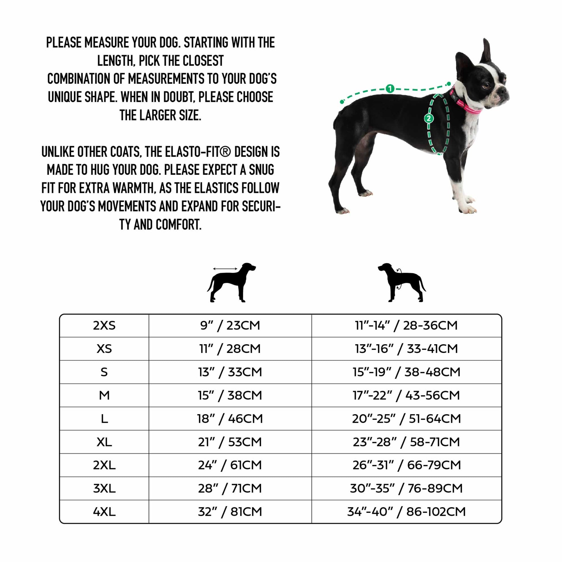 GF Pet apparel size chart with dog body measurements for 2XS to 4XL sizes and ELASTO-FIT fitting instructions