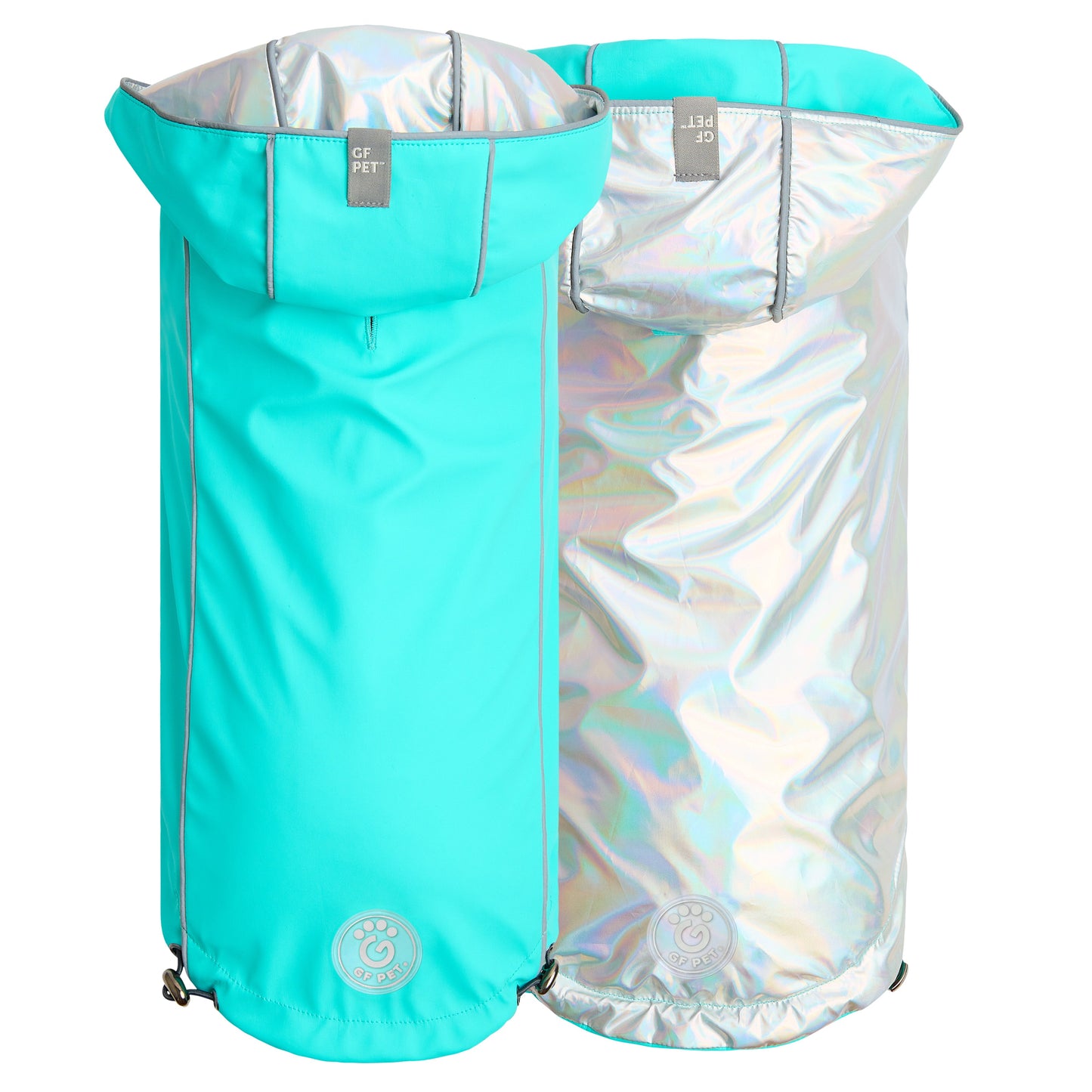Dog Raincoat – Reversible Neon Aqua Iridescent
