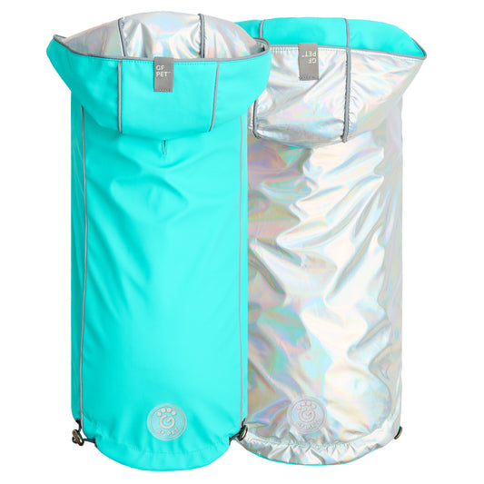 Dog Raincoat – Reversible Neon Aqua Iridescent