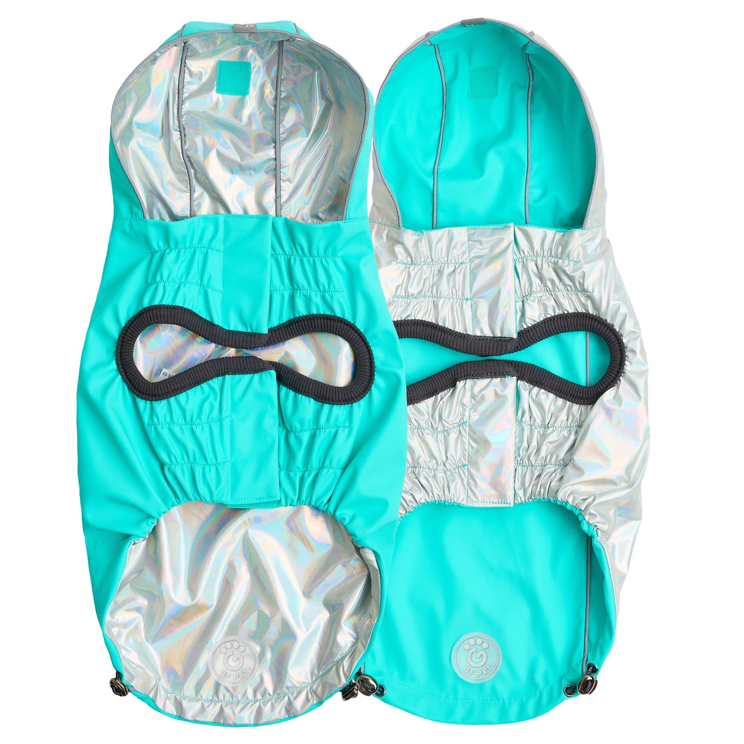 Dog Raincoat – Reversible Neon Aqua Iridescent