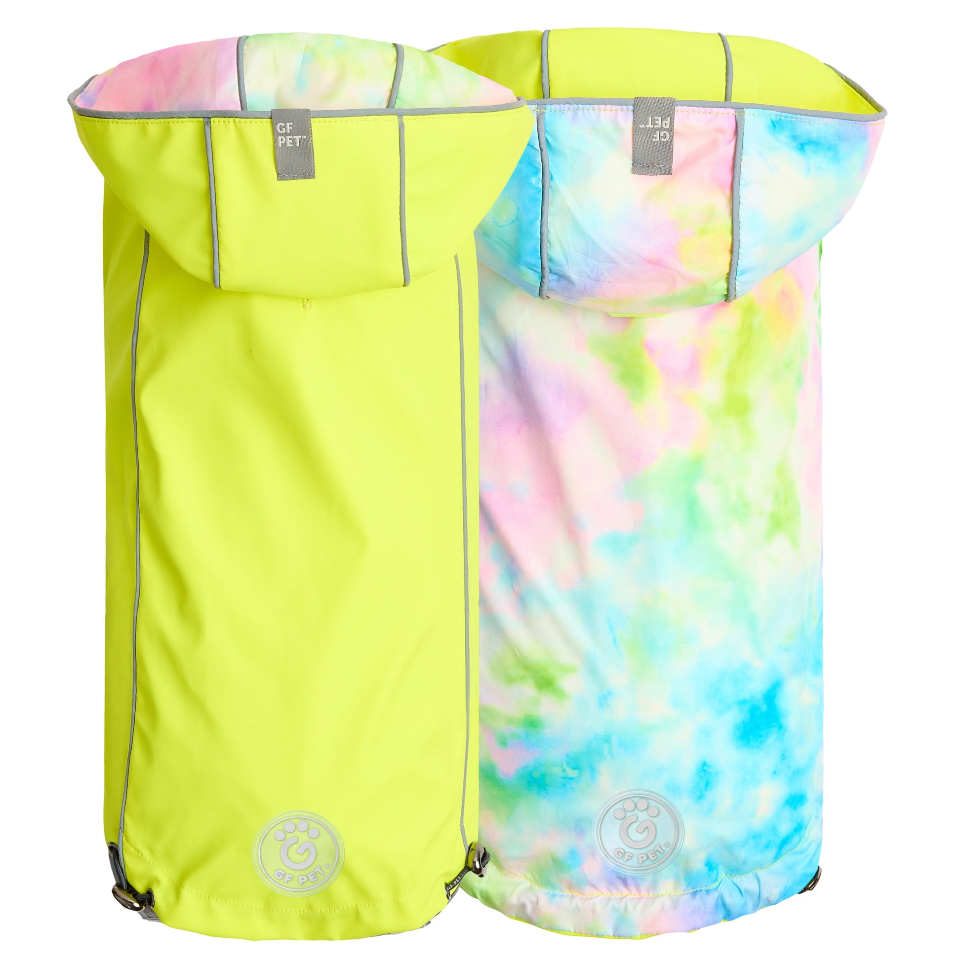 Dog Raincoat Neon Yellow - Waterproof reversible pet coat with hood