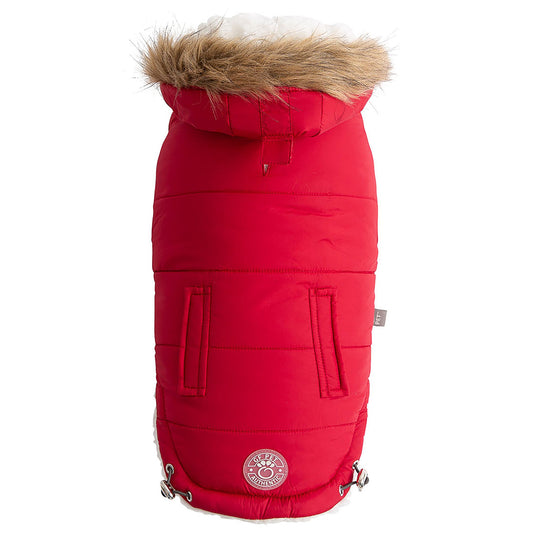 Urban Dog Parka – Red | Vegan Fur Hood, Sherpa Lining