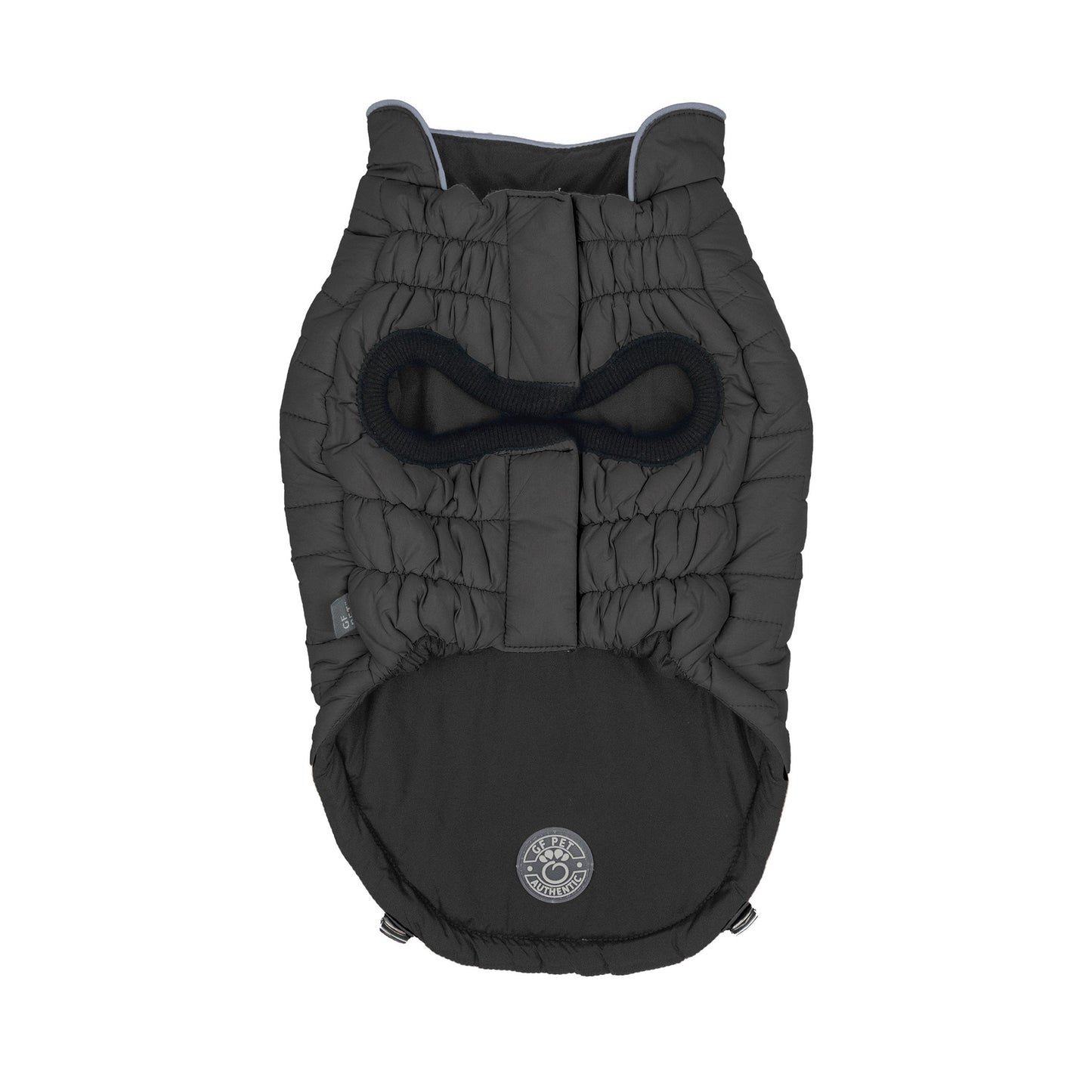 Black GF Pet reversible chalet dog jacket back view showing quilted nylon exterior and adjustable bungee cord