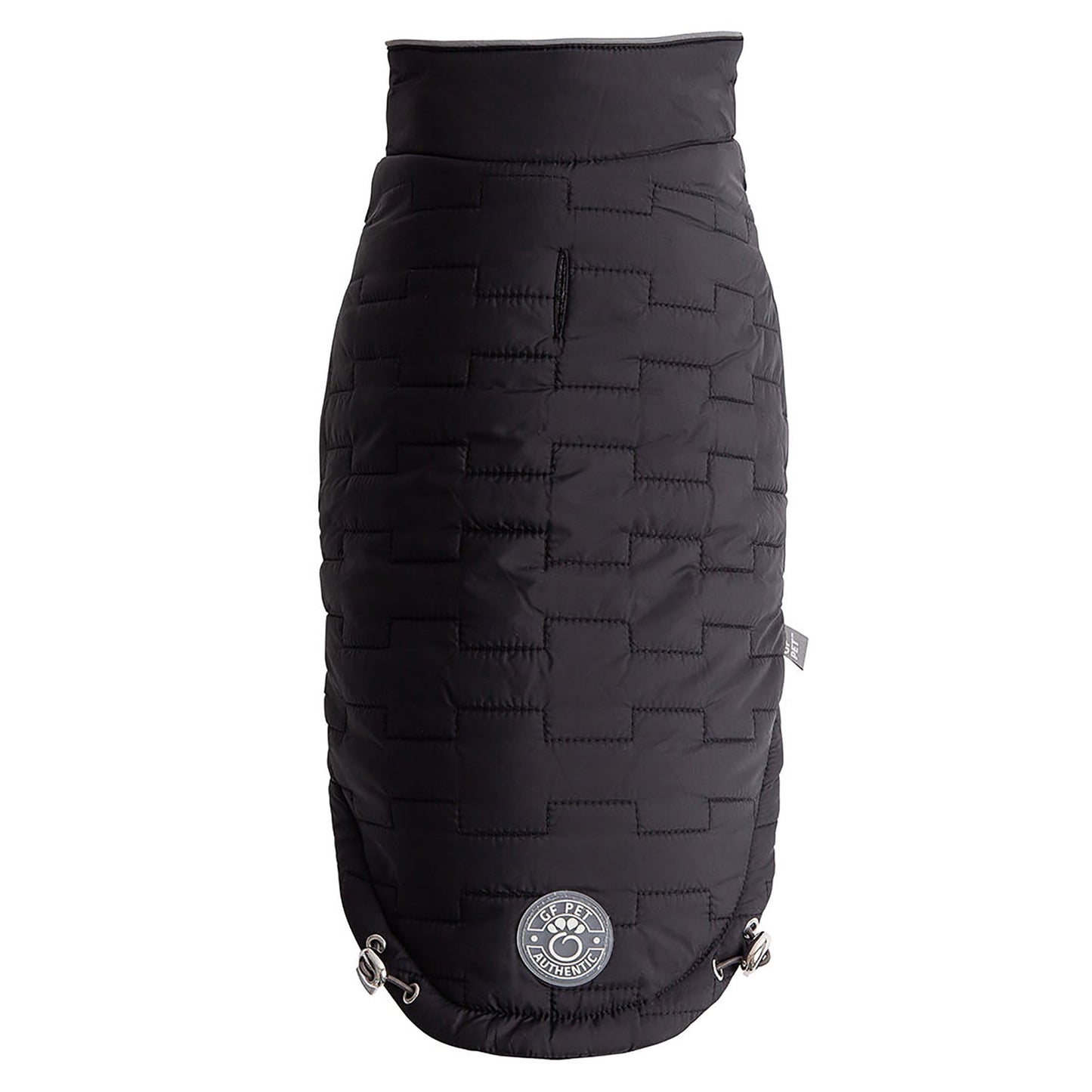 Black reversible chalet dog jacket front view showing quilted nylon exterior with GF Pet logo