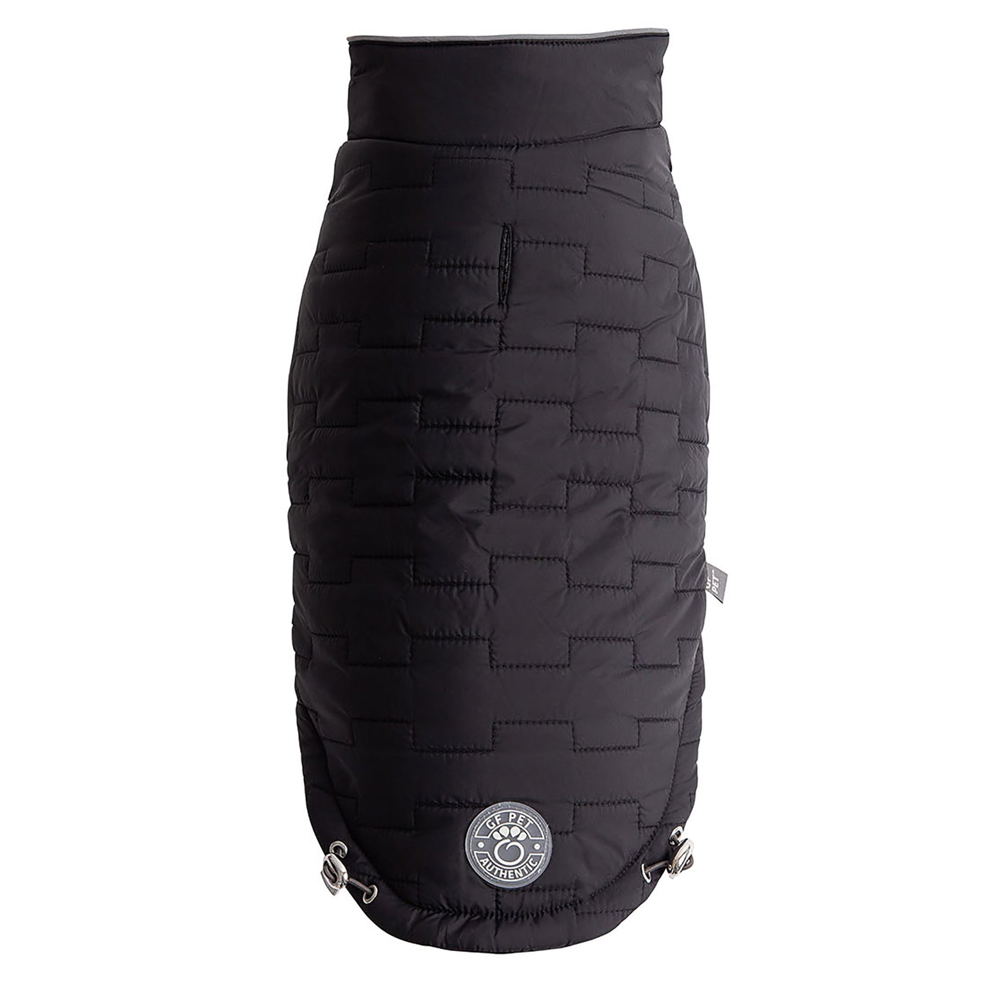 Black reversible chalet dog jacket front view showing quilted nylon exterior with GF Pet logo