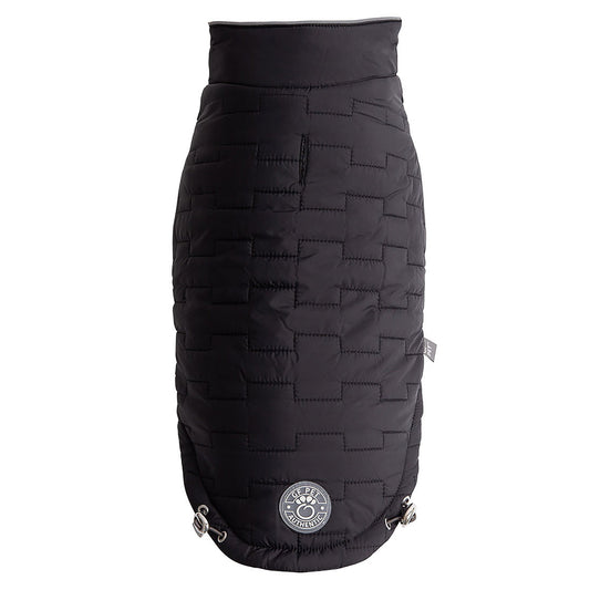 Black reversible chalet dog jacket front view showing quilted nylon exterior with GF Pet logo