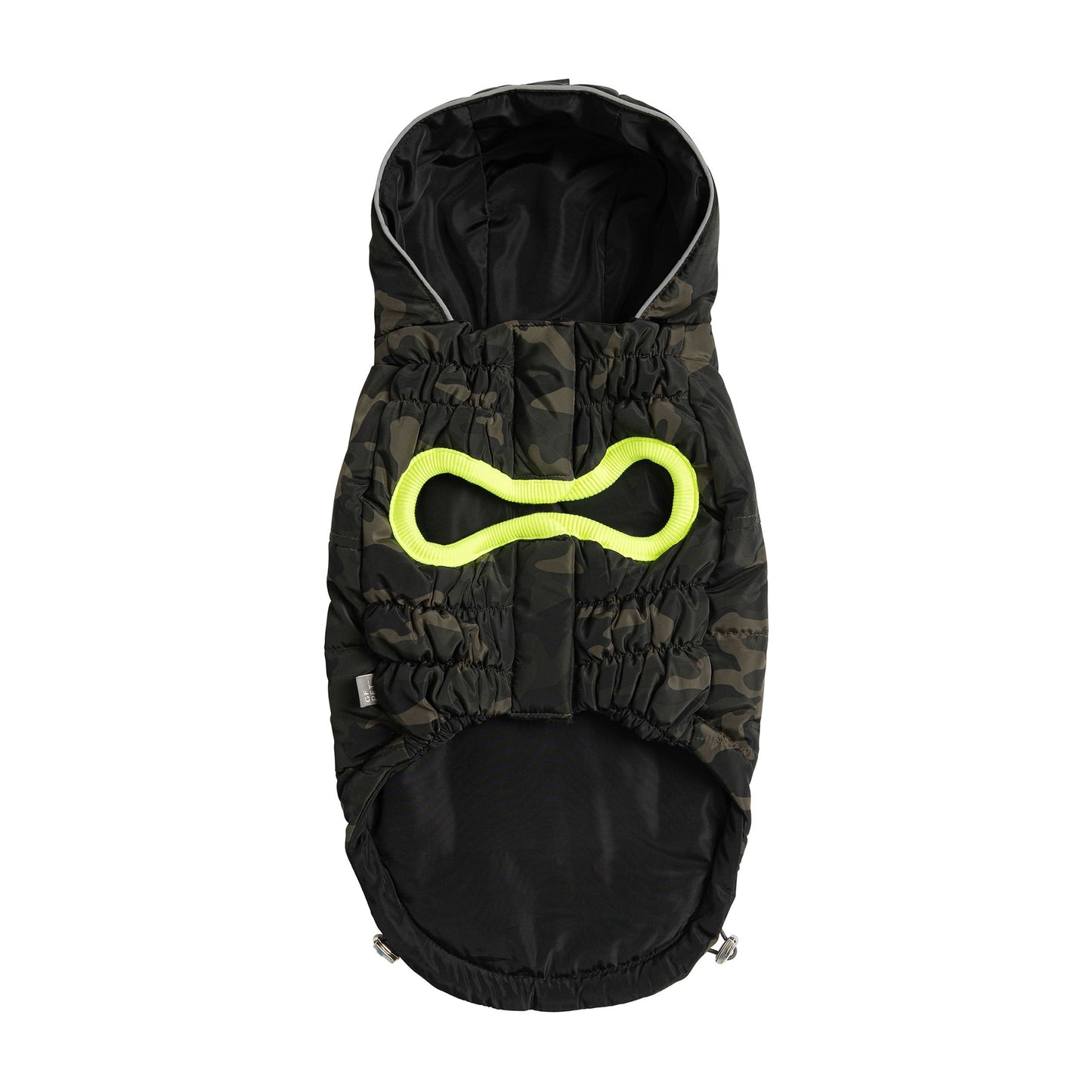 GF Pet camouflage recycled dog parka product flat view highlighting neon yellow reflective piping and tackable hood on white background