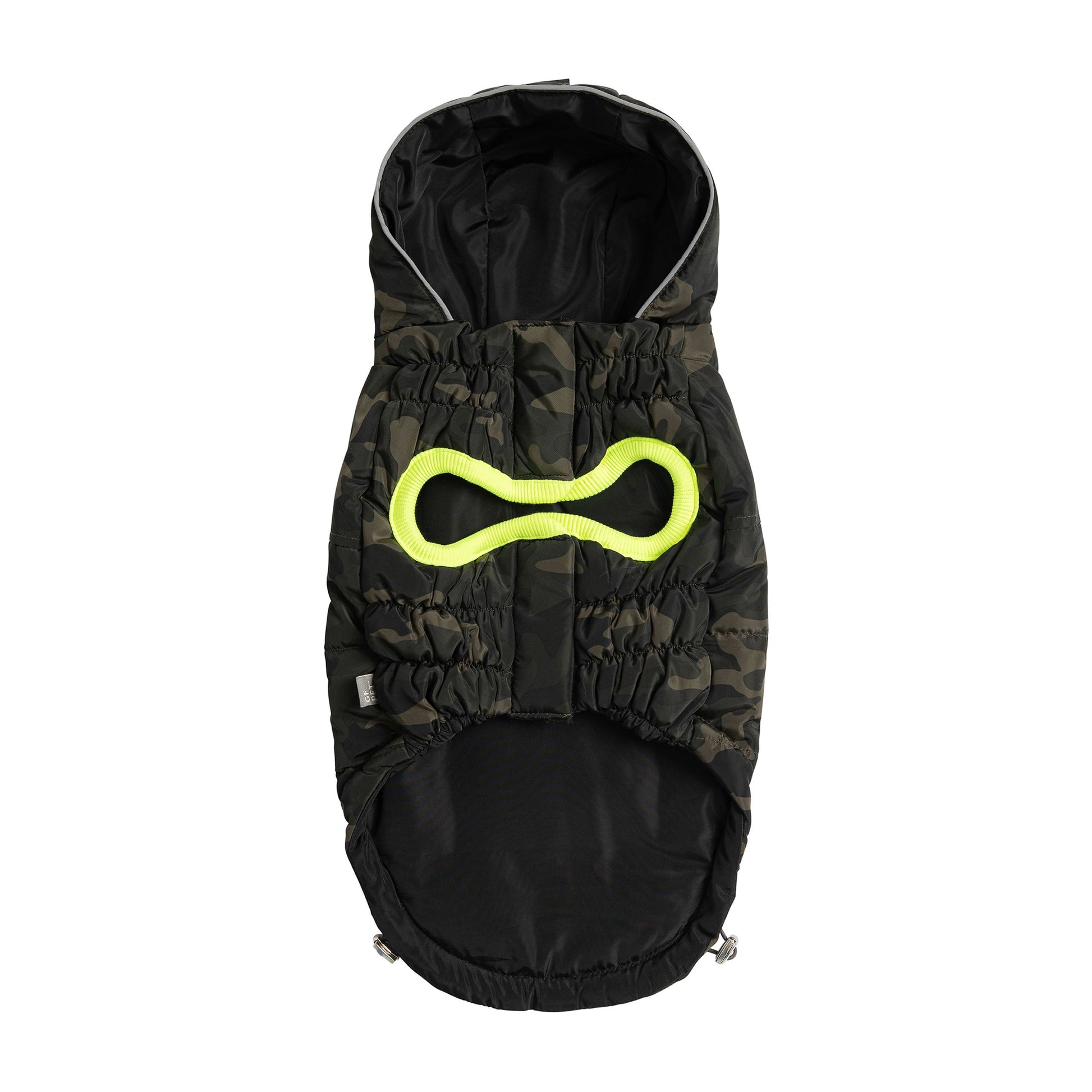 GF Pet camouflage recycled dog parka product flat view highlighting neon yellow reflective piping and tackable hood on white background