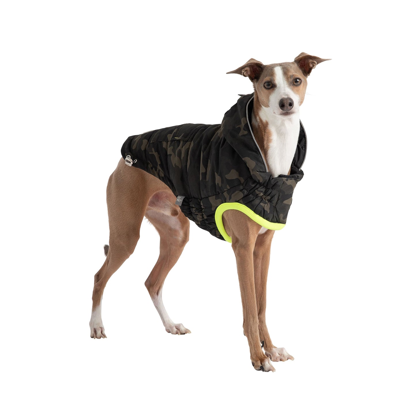 Slim dog breed wearing GF Pet camouflage recycled parka side view showing neon yellow contrast binding and Elasto-Fit Technology