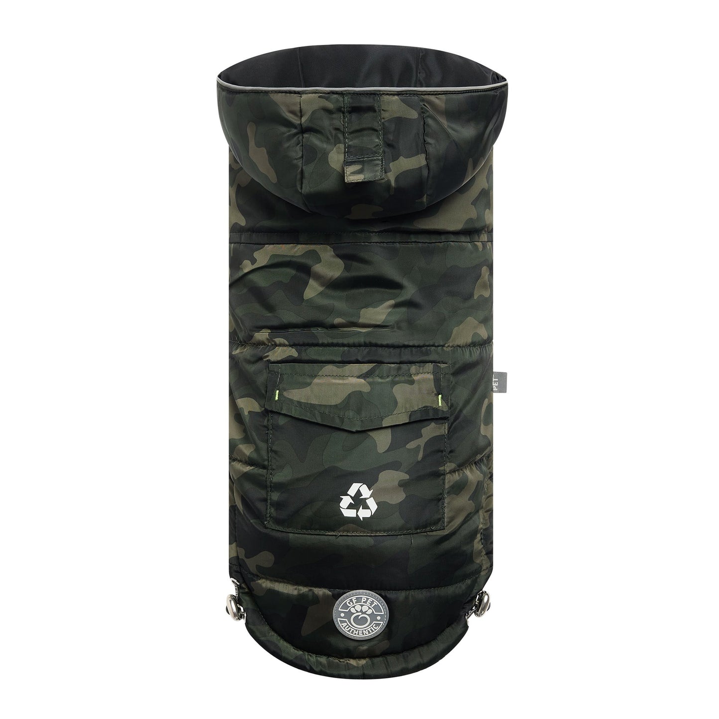 GF Pet recycled parka camouflage dog jacket front view showing 100% recycled polyester shell with rear pocket and tackable hood