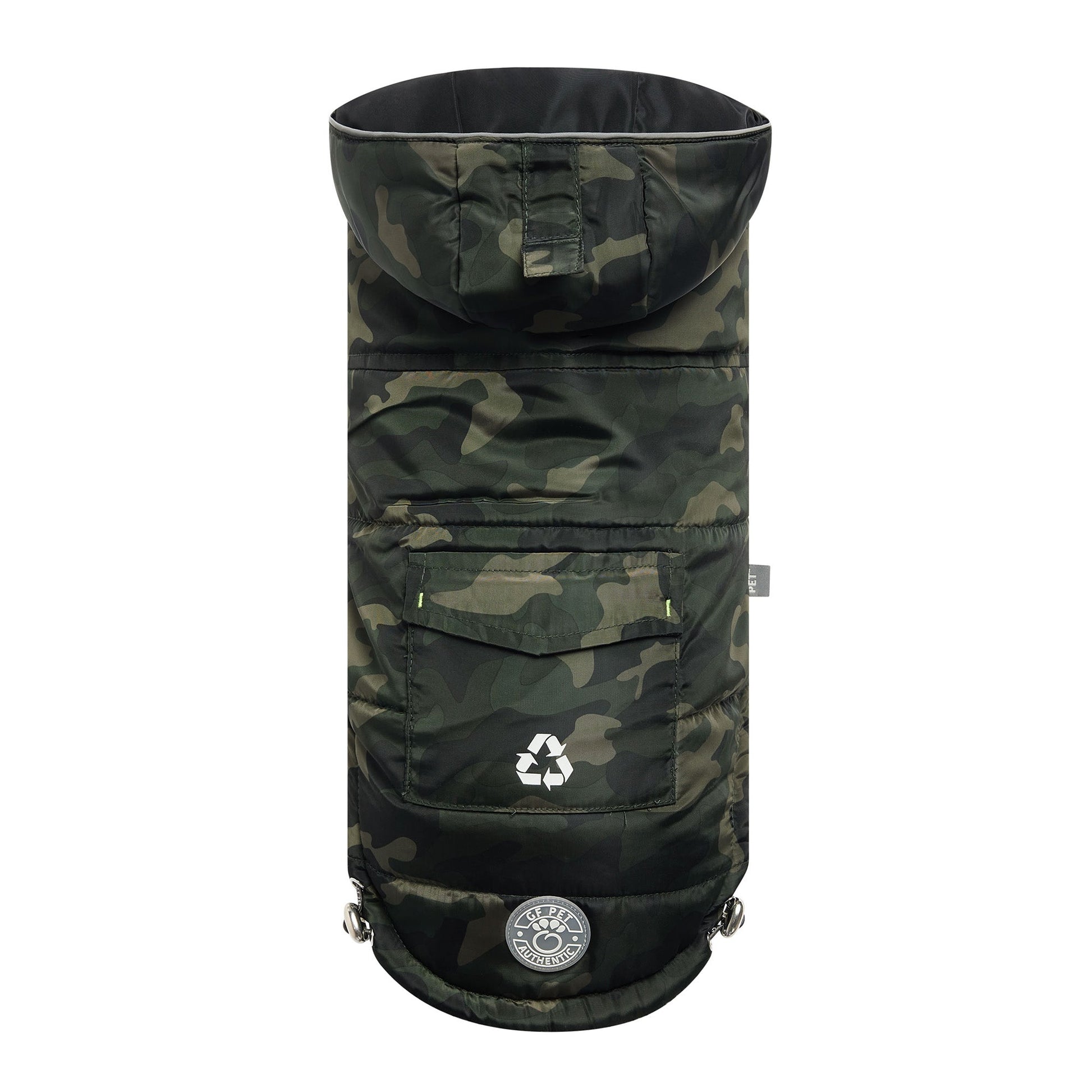 GF Pet recycled parka camouflage dog jacket front view showing 100% recycled polyester shell with rear pocket and tackable hood