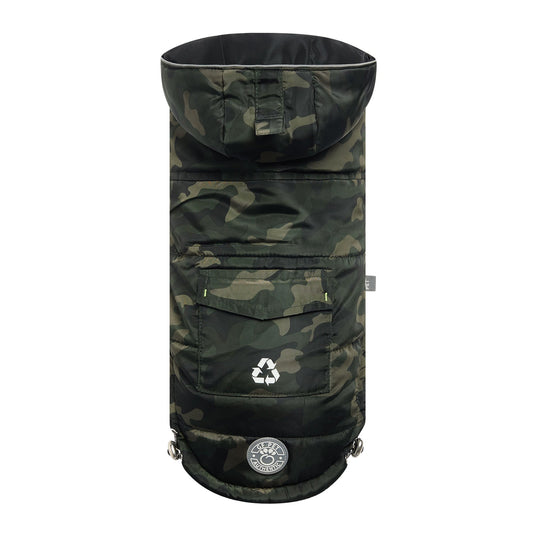 GF Pet recycled parka camouflage dog jacket front view showing 100% recycled polyester shell with rear pocket and tackable hood