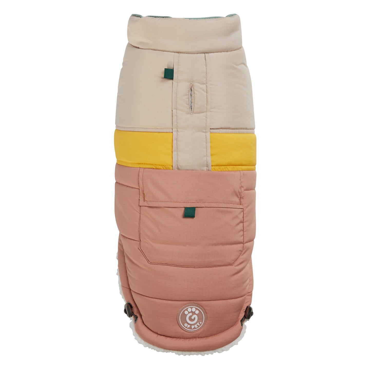 GF Pet Camplife Puffer dog coat in clay color block design showing front view with yellow accent band and GF PET logo patch