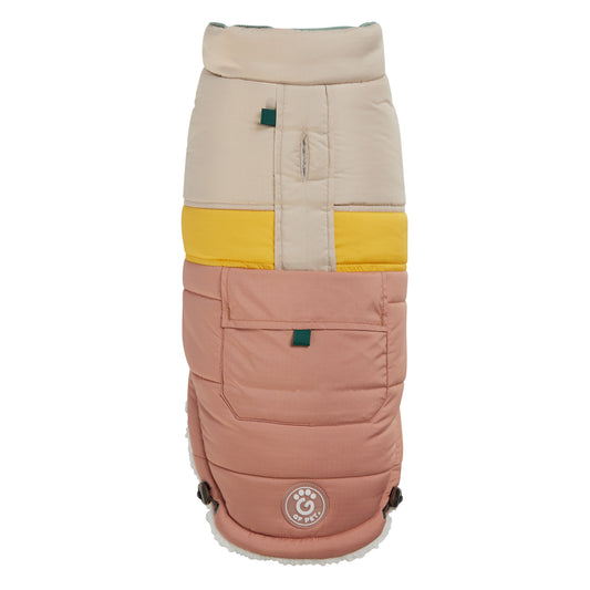 GF Pet Camplife Puffer dog coat in clay color block design showing front view with yellow accent band and GF PET logo patch