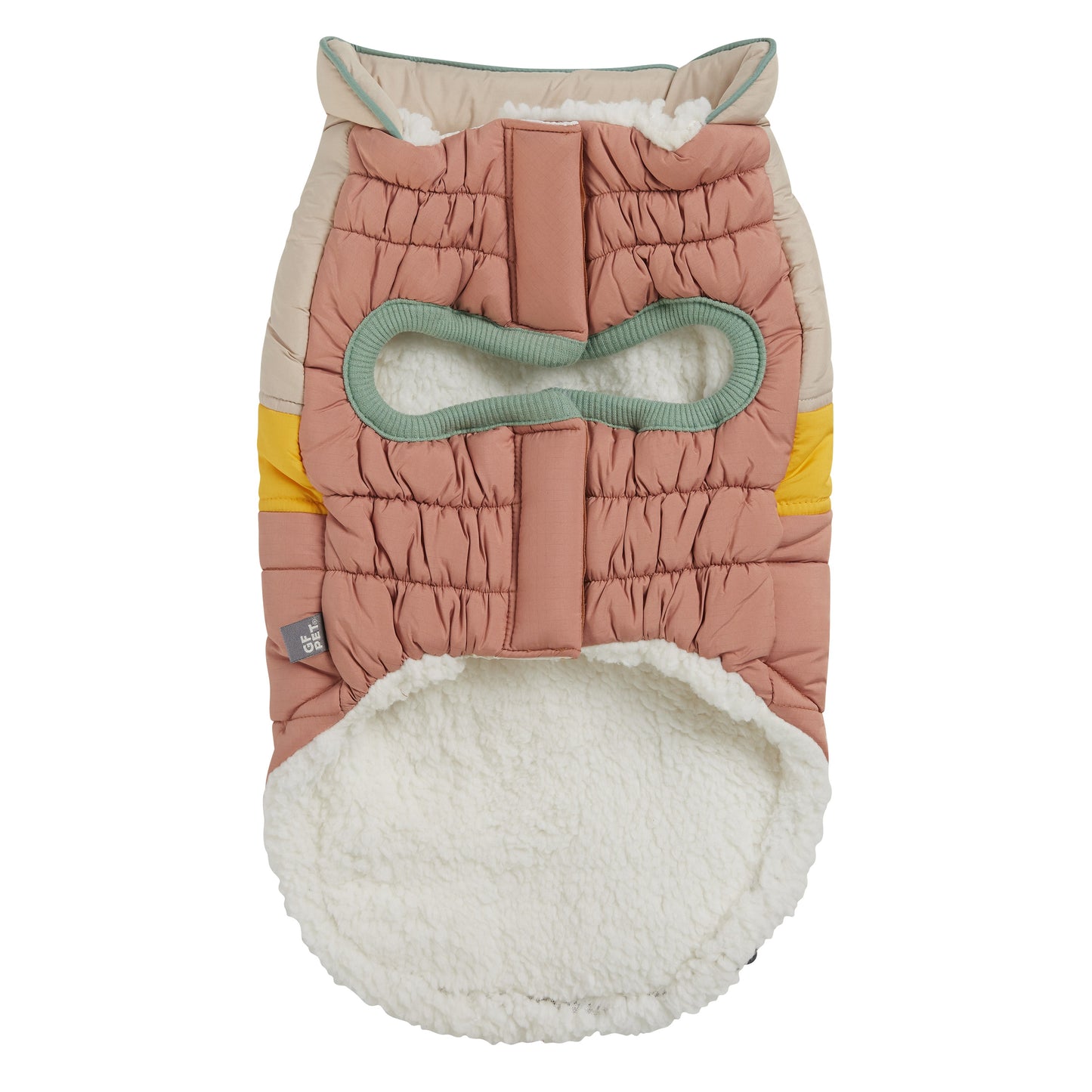 GF Pet Camplife Puffer dog coat back view in clay showing sherpa lining interior, Elasto-FIT bungee closure and GF Pet logo badge
