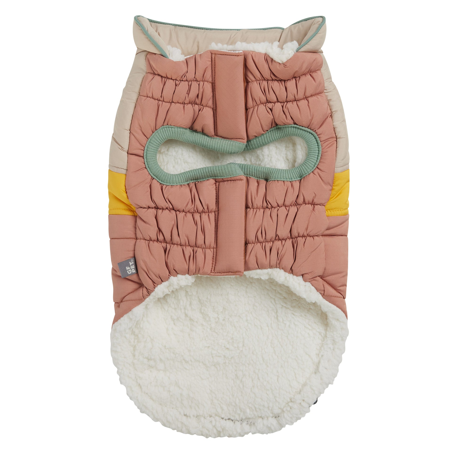 GF Pet Camplife Puffer dog coat back view in clay showing sherpa lining interior, Elasto-FIT bungee closure and GF Pet logo badge