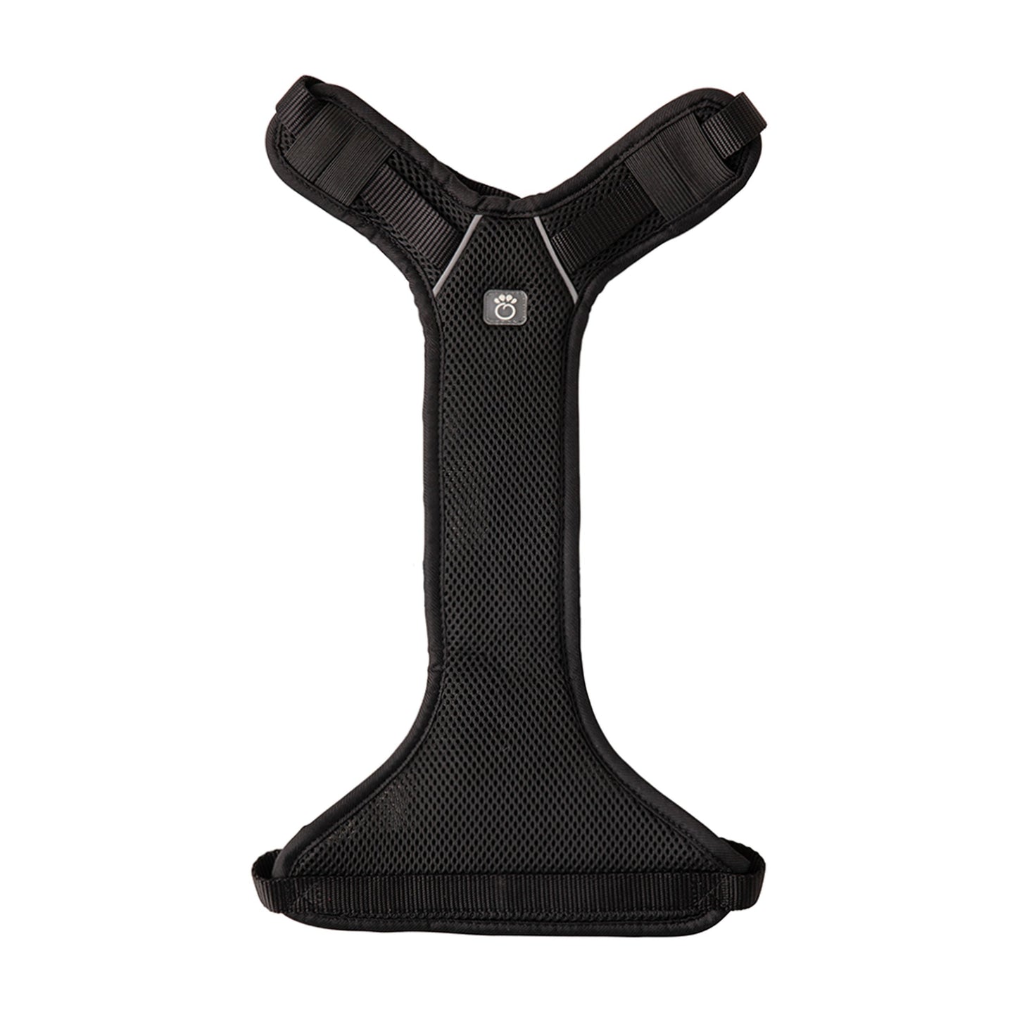 GF PET black travel dog harness flat lay showing Y-shape mesh breathable design with adjustable neck and chest straps
