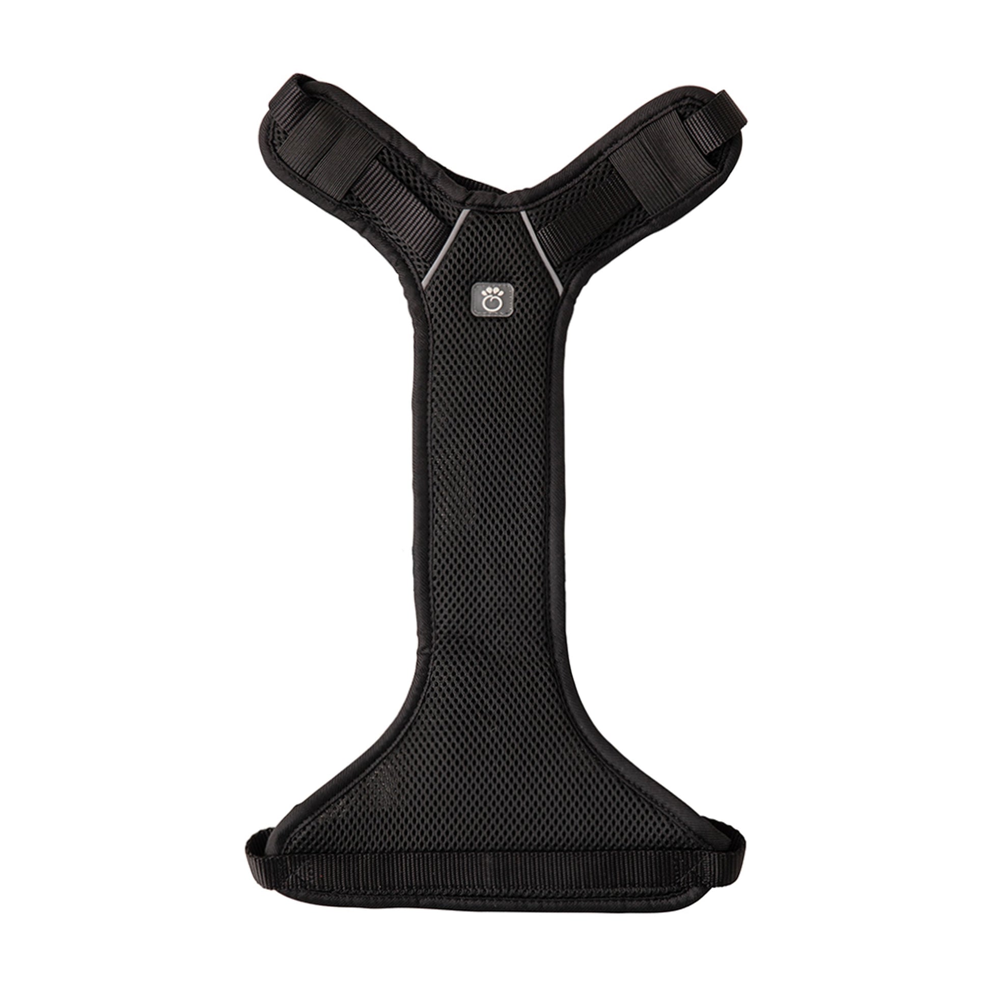 GF PET black travel dog harness flat lay showing Y-shape mesh breathable design with adjustable neck and chest straps