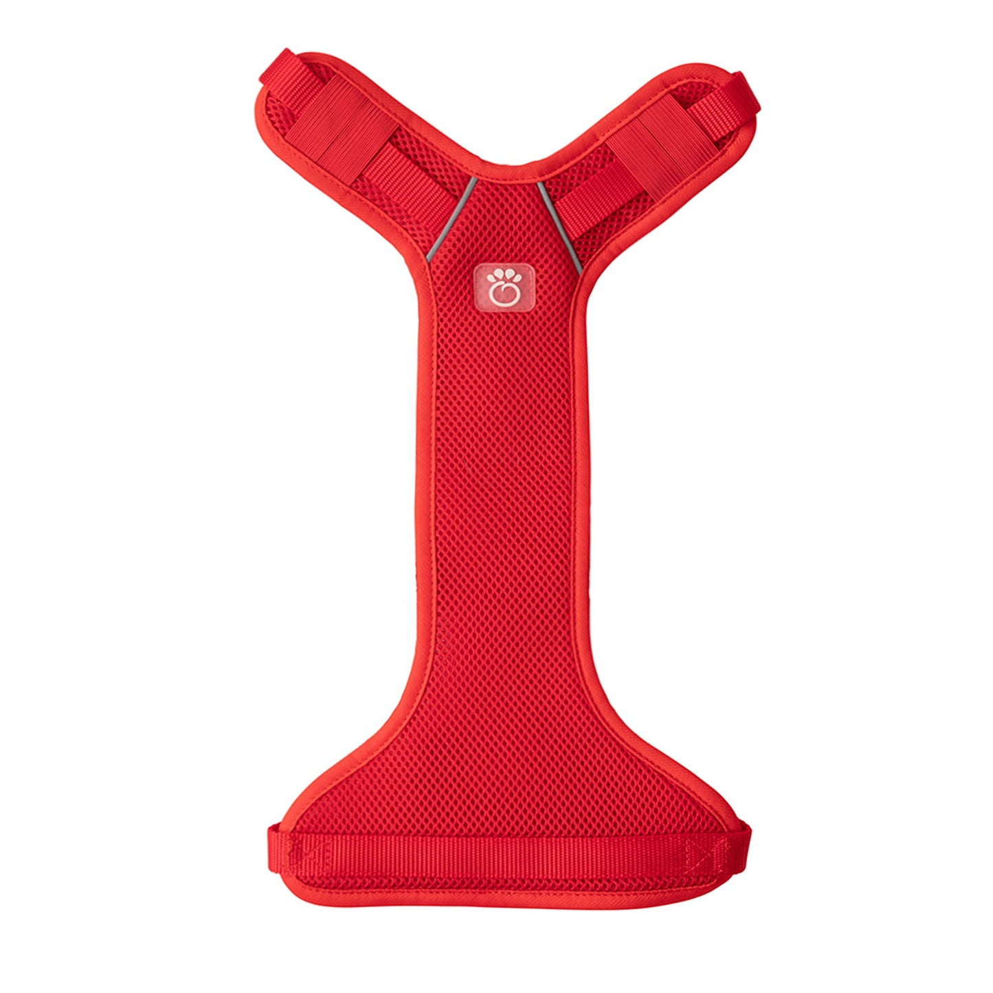 GF PET red travel dog harness flat lay showing Y-shape breathable mesh design with adjustable straps and GF PET logo