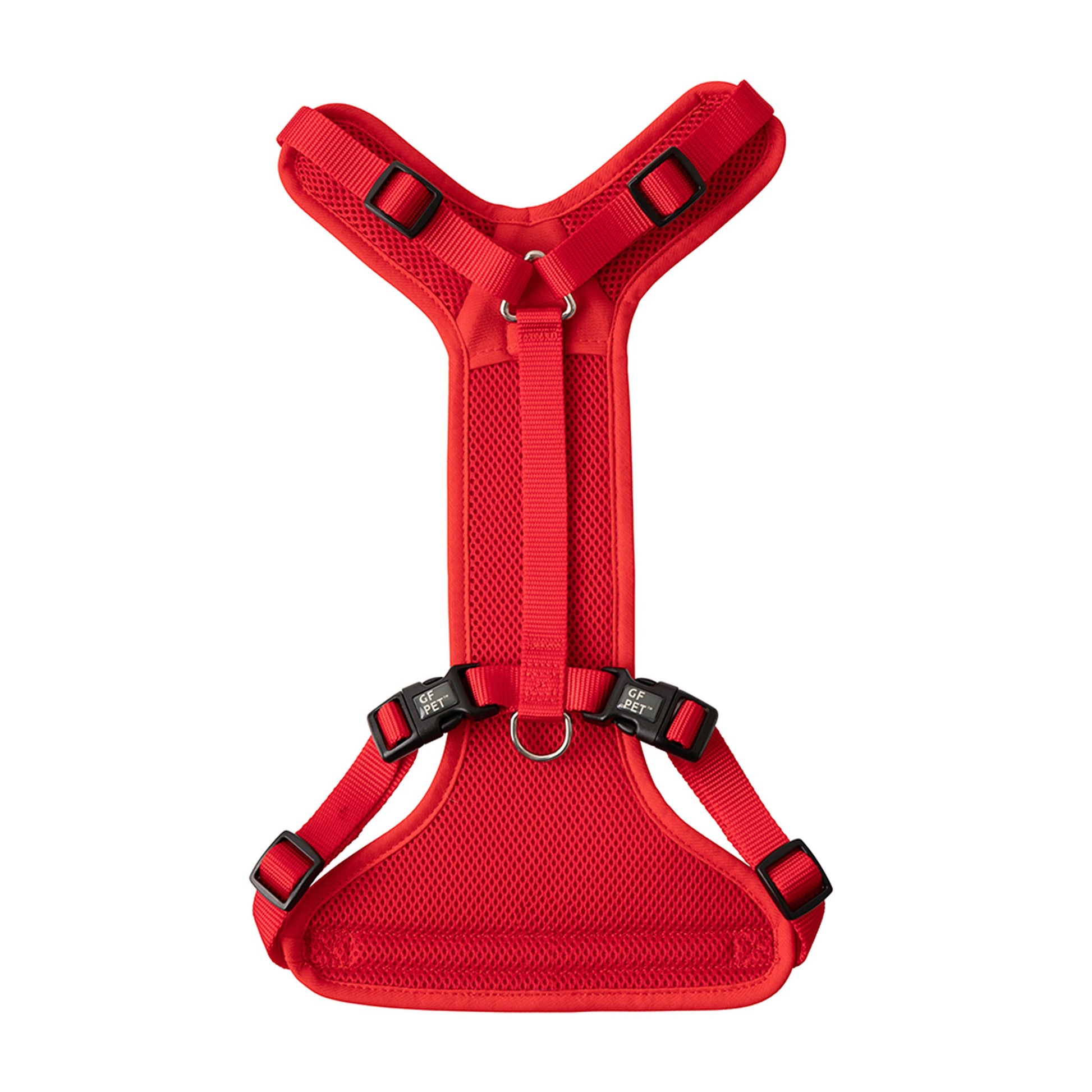 GF PET red travel dog harness back view showing D-ring back loop for seatbelt tether and padded mesh chest panel