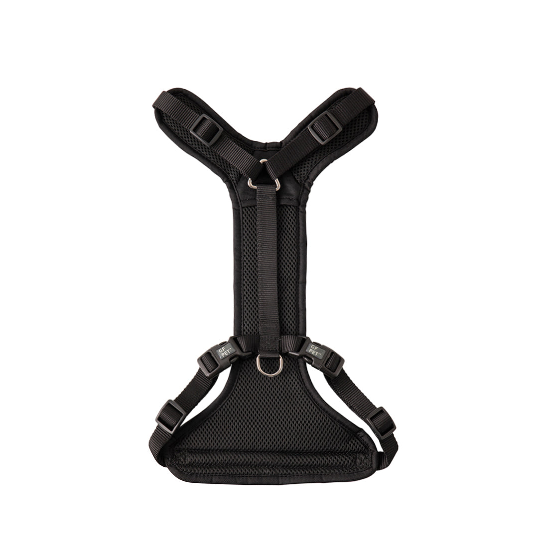 GF PET black travel dog harness back view showing D-ring back loop for seatbelt tether and padded mesh chest panel