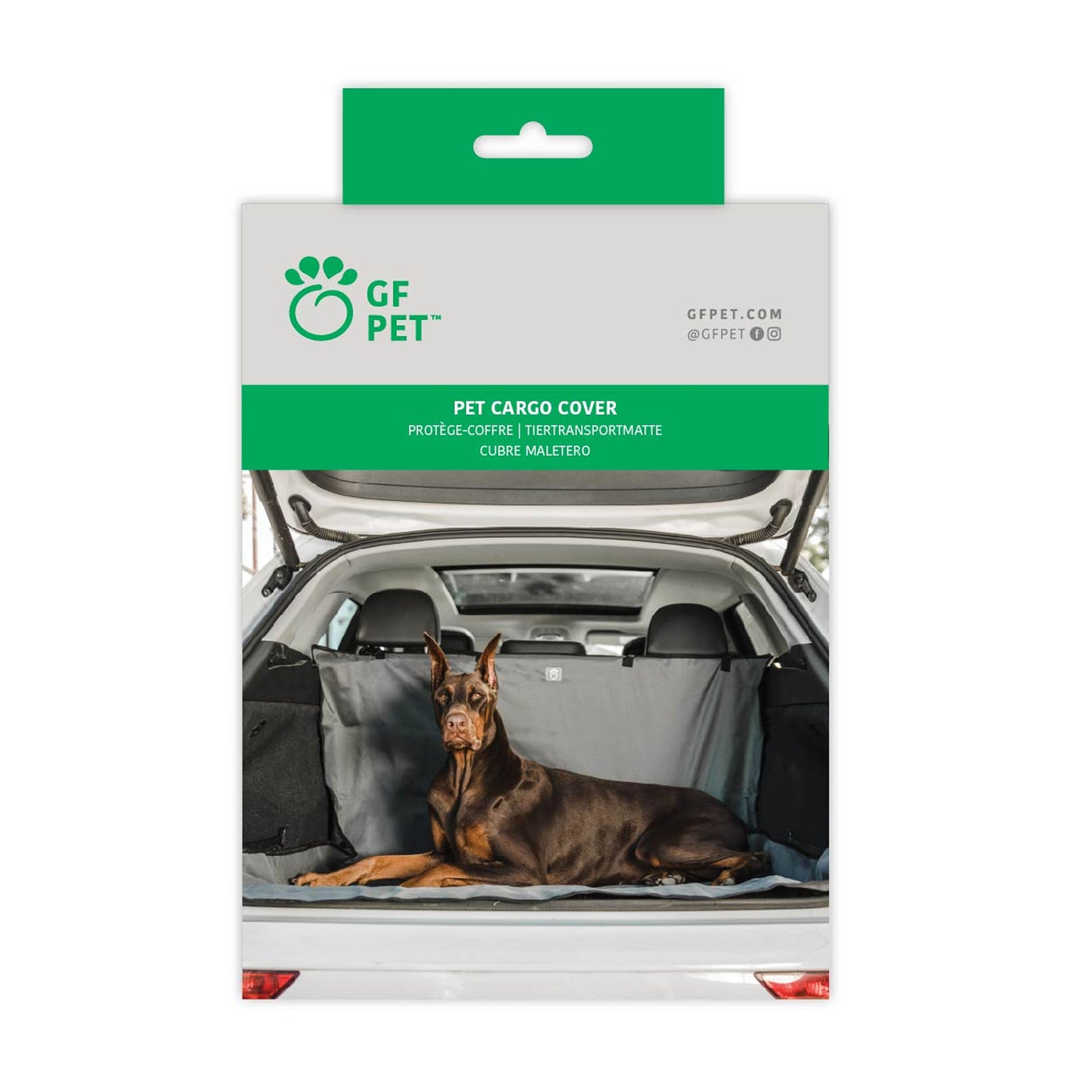 GF PET Pet Cargo Cover product packaging box showing a dog in a vehicle cargo area with the gray waterproof cover installed