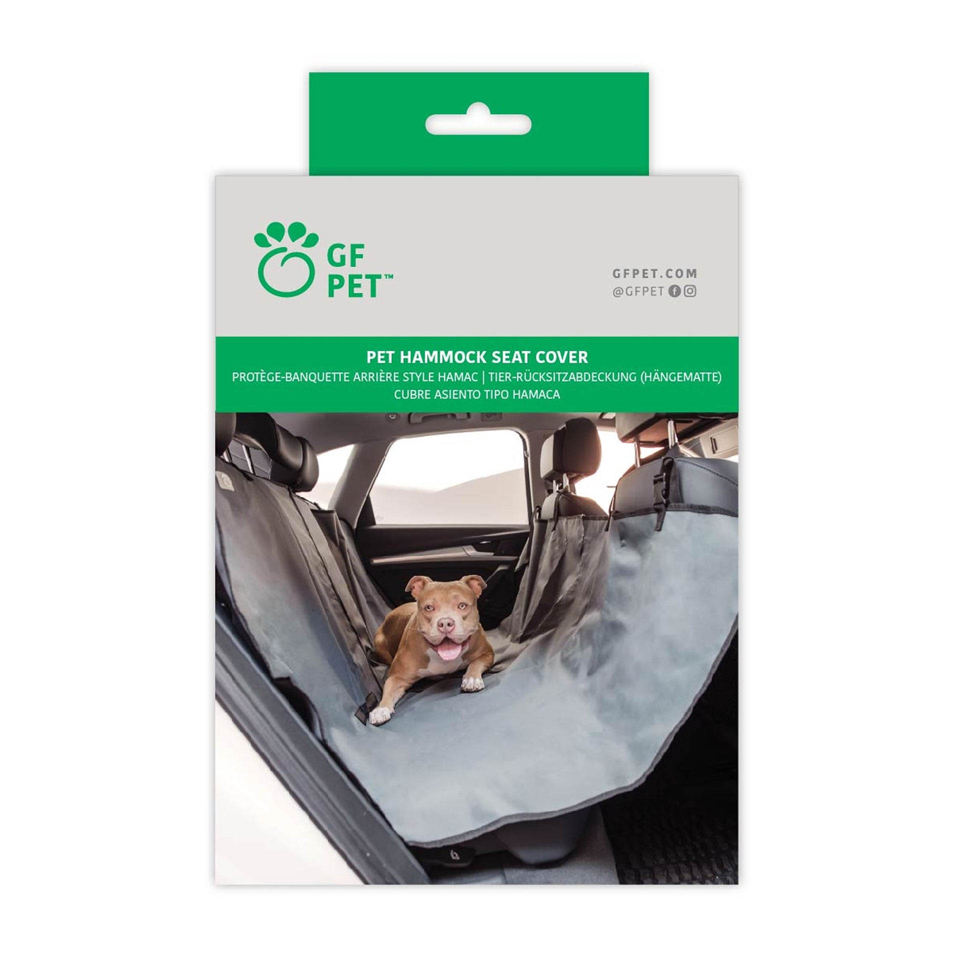 GF PET Pet Hammock Seat Cover product packaging box showing the gray car seat cover installation with a dog inside