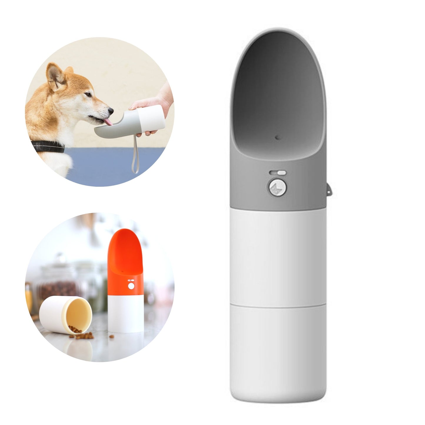 INSTACHEW Rover gray dog travel water bottle with lifestyle insets showing dog drinking and bottle components on white background