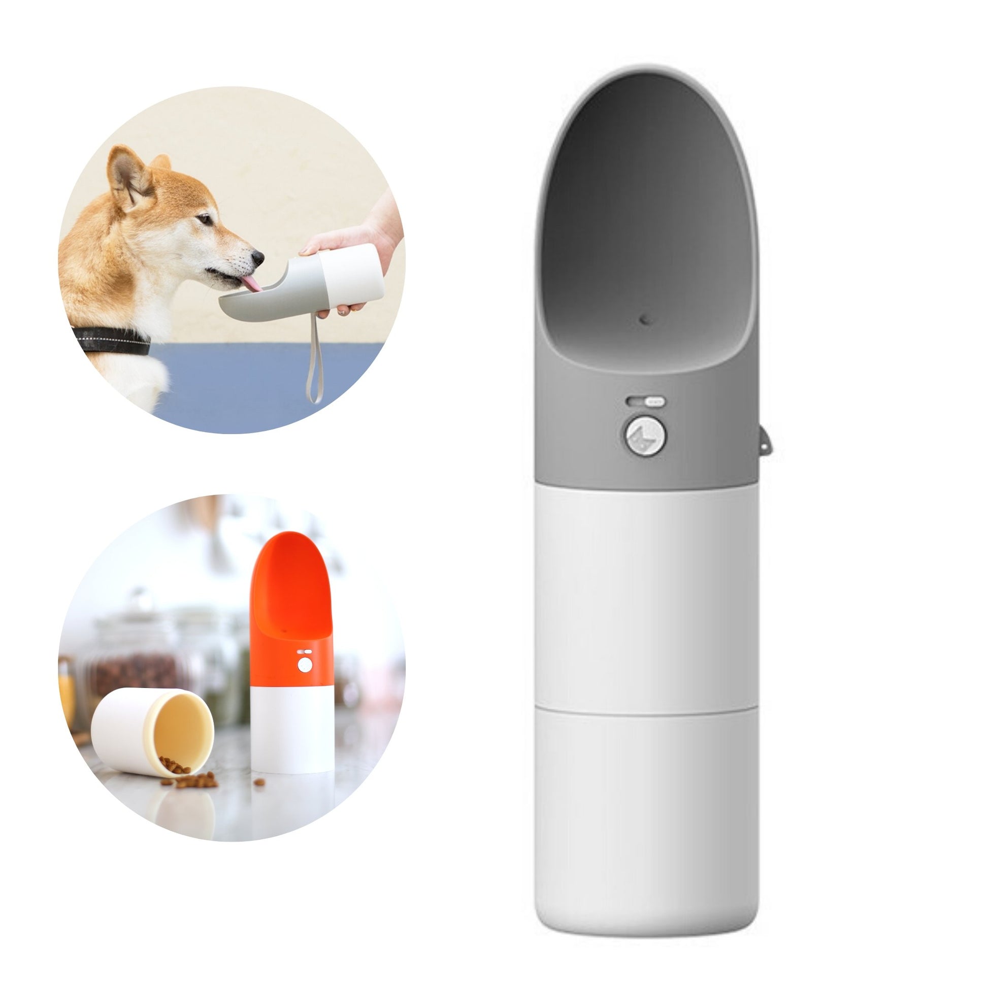 INSTACHEW Rover gray dog travel water bottle with lifestyle insets showing dog drinking and bottle components on white background