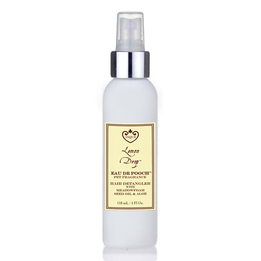 Lemon Drop Eau de Black cat with Lemon Drop pet fragrance spray bottlePooch pet fragrance spray bottle with yellow label on white background