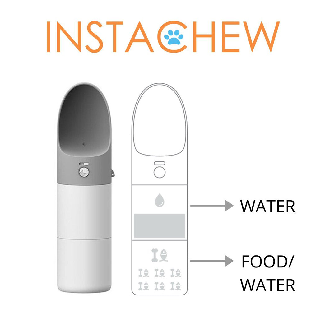 INSTACHEW Rover bottle diagram showing water compartment on top and food/water compartment on bottom with labeled sections
